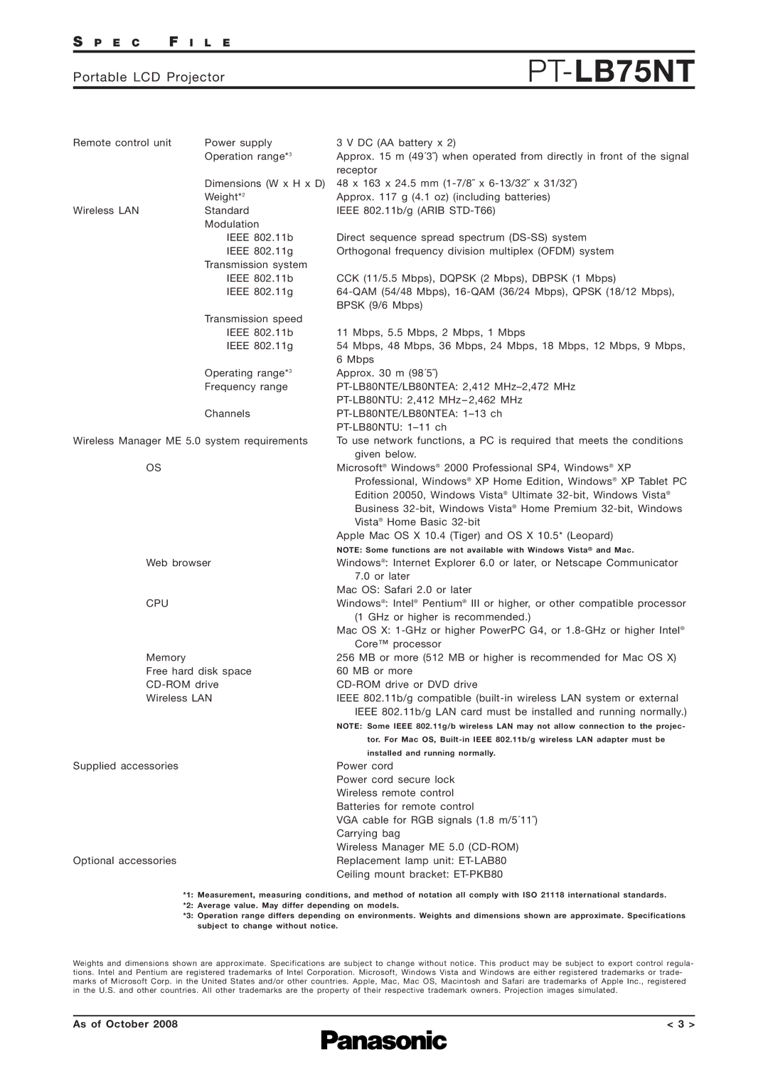 Panasonic PT-LB75NT specifications E C F I L E 