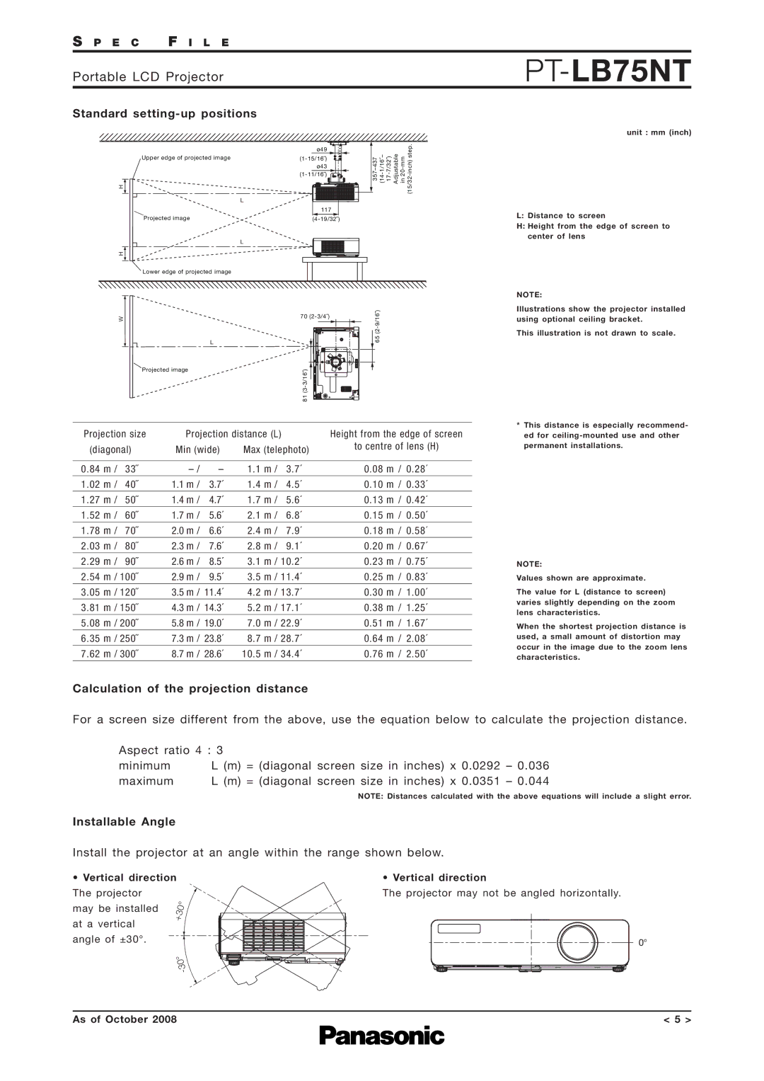 Panasonic PT-LB75NT specifications Standard setting-up positions, Calculation of the projection distance, Installable Angle 