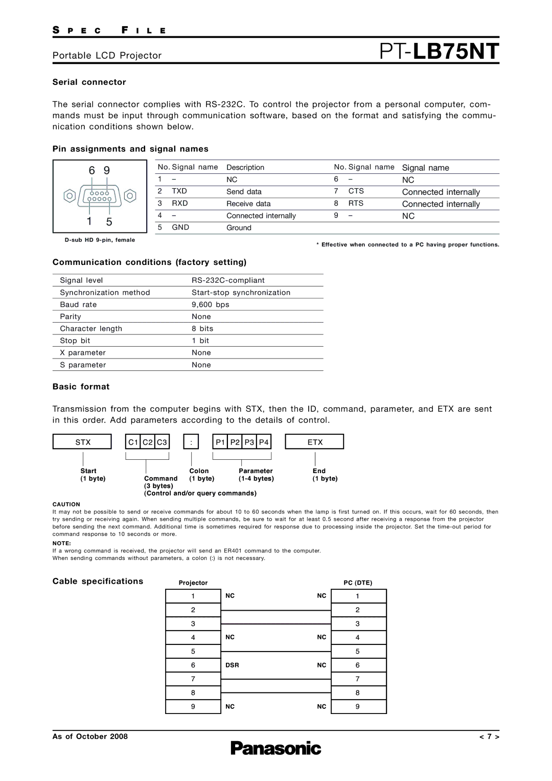 Panasonic PT-LB75NT Serial connector, Pin assignments and signal names, Communication conditions factory setting 