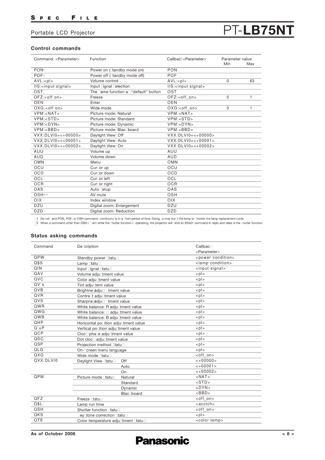 Panasonic PT-LB75NT specifications Control commands, Status asking commands 