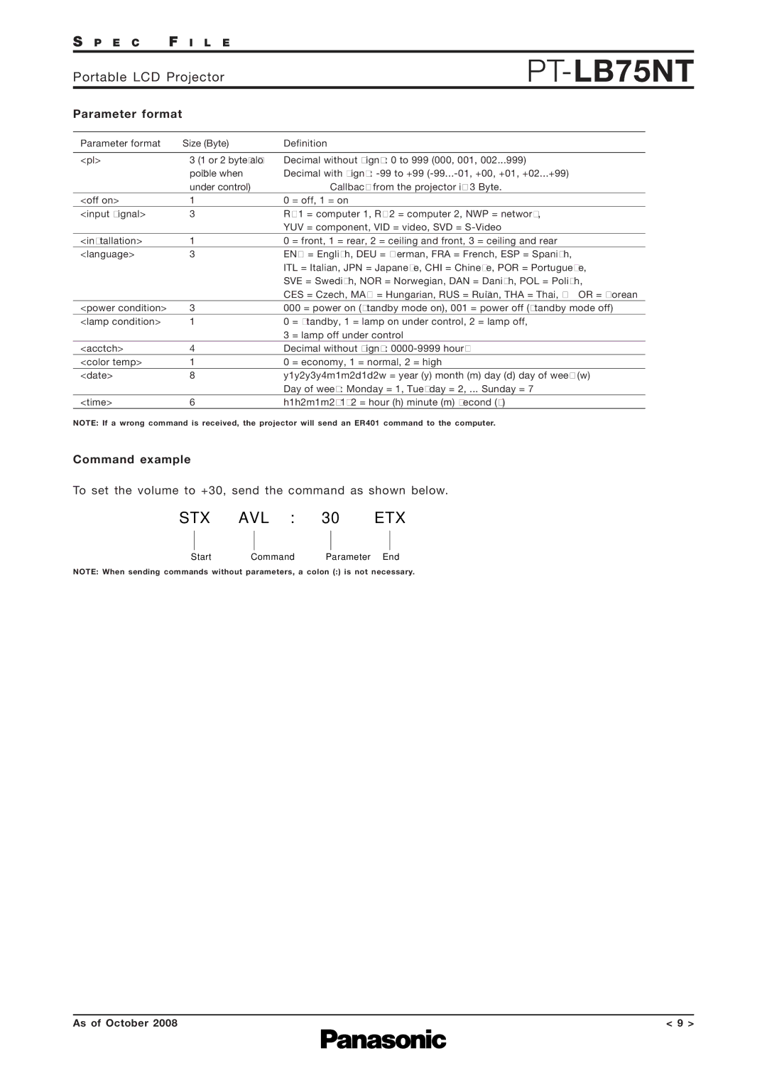 Panasonic PT-LB75NT specifications Parameter format, Command example 