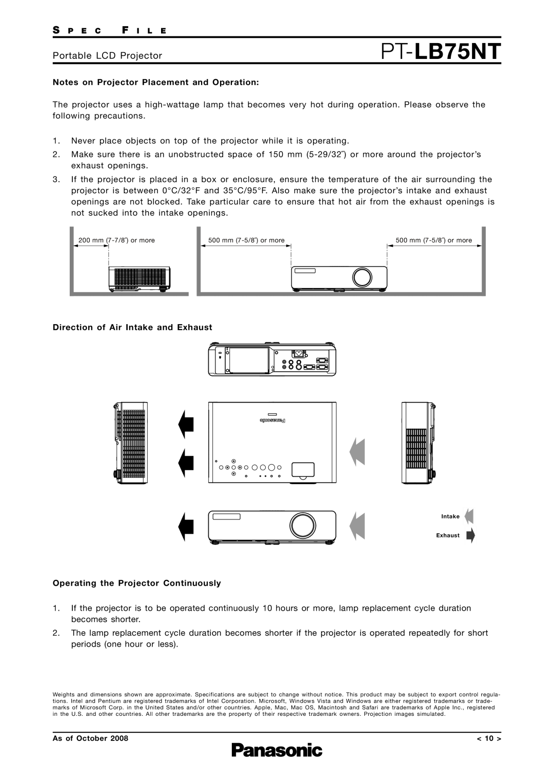 Panasonic PT-LB75NT specifications Notes on Projector Placement and Operation, Direction of Air Intake and Exhaust 