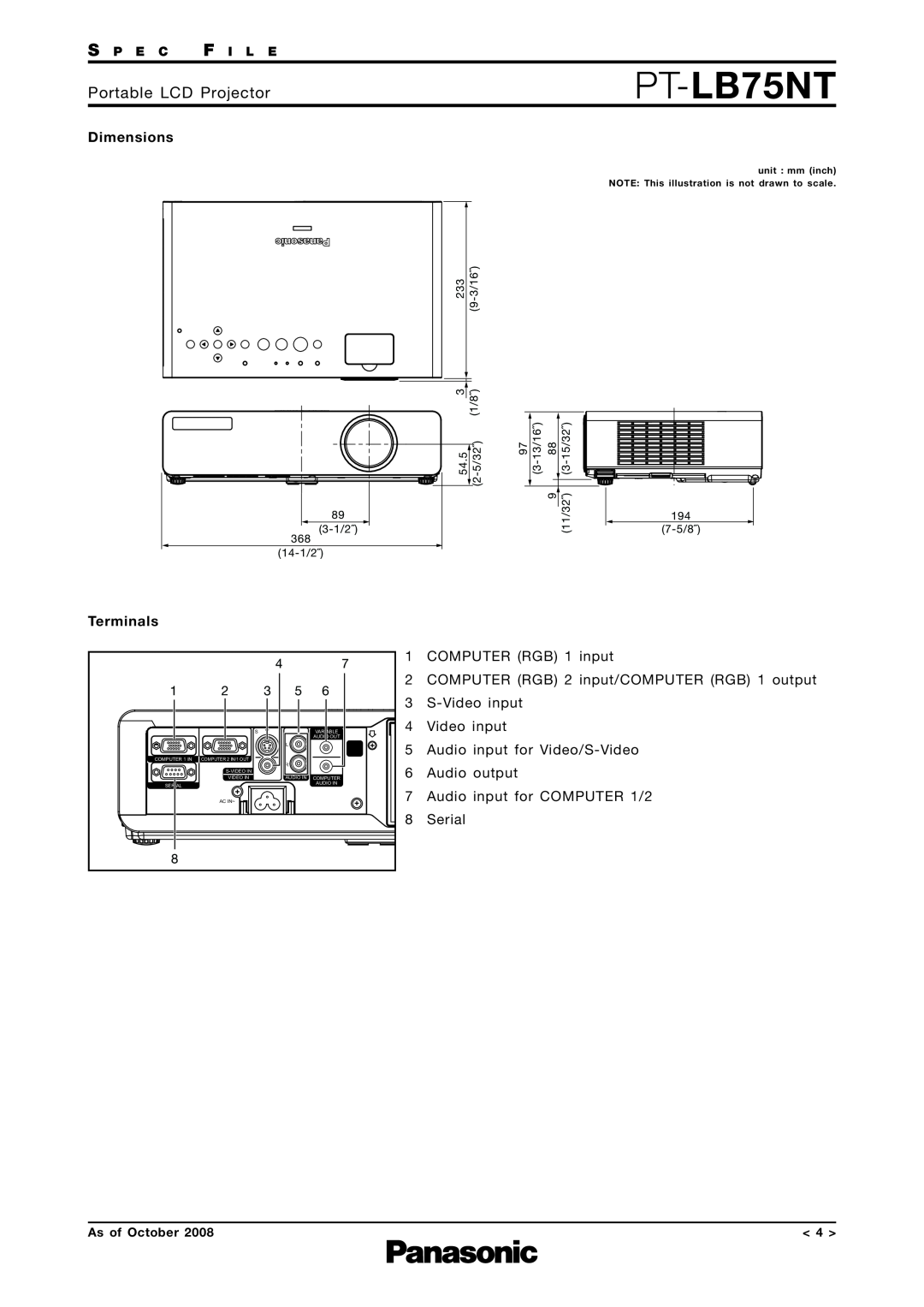Panasonic PT-LB75NT Dimensions, Terminals, COMPUTER RGB 1 input, COMPUTER RGB 2 input/COMPUTER RGB 1 output, S-Video input 