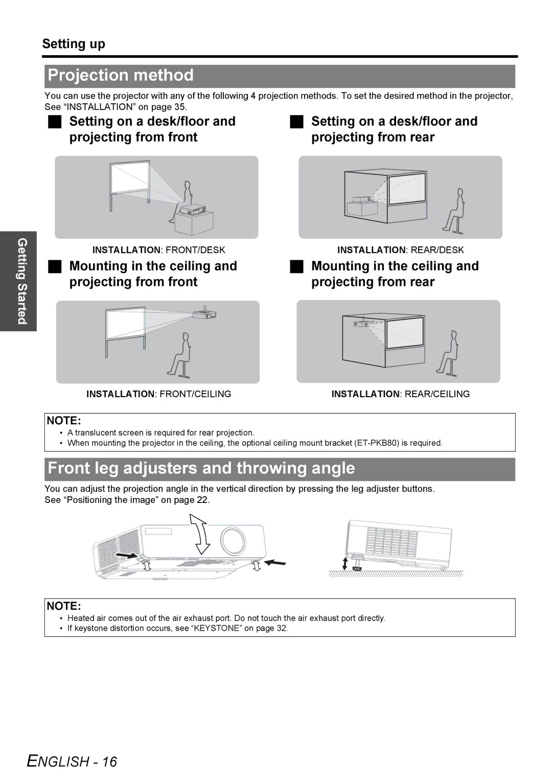 Panasonic PT-LB75U manual Projection method, Front leg adjusters and throwing angle, Setting up 