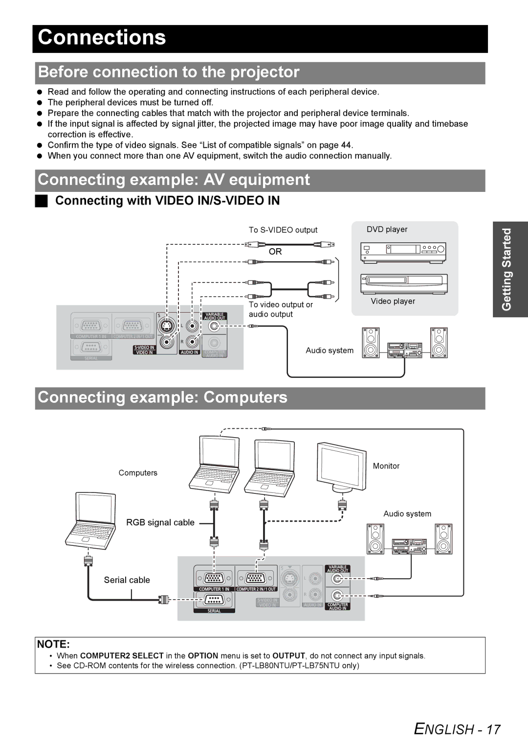 Panasonic PT-LB75U manual Connections, Before connection to the projector, Connecting example AV equipment 