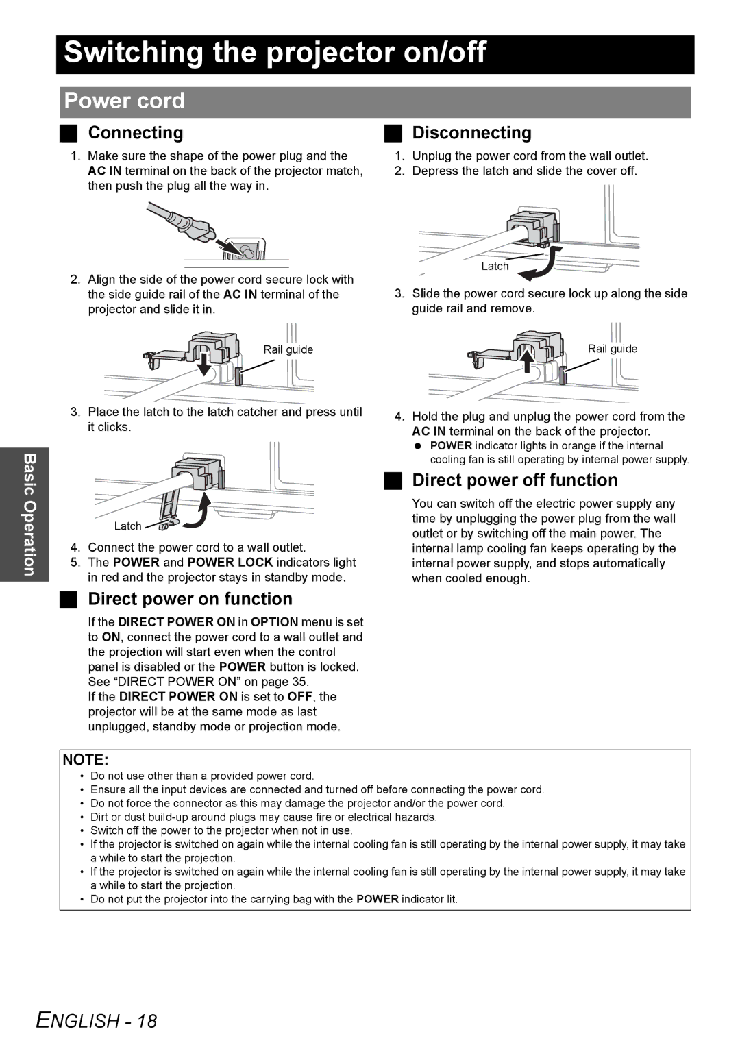 Panasonic PT-LB75U manual Switching the projector on/off, Power cord, Connecting, Direct power off function 