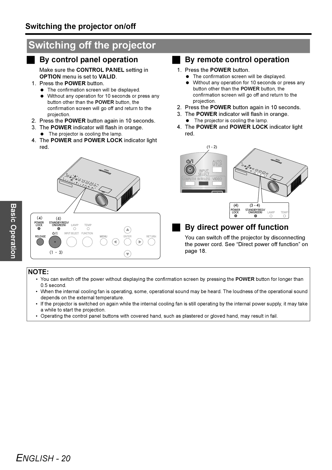 Panasonic PT-LB75U manual Switching off the projector, By control panel operation, By remote control operation 