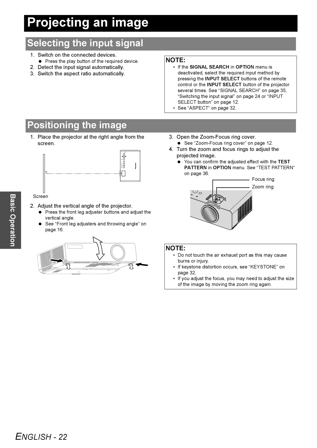 Panasonic PT-LB75U manual Projecting an image, Selecting the input signal, Positioning the image 