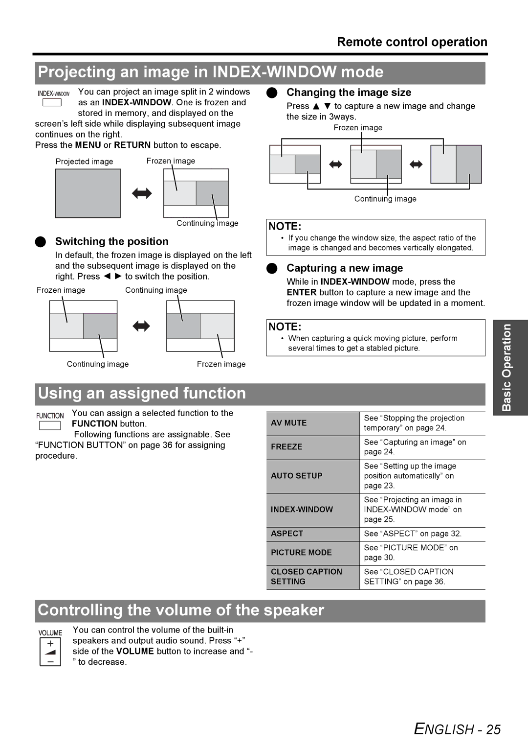 Panasonic PT-LB75U manual Projecting an image in INDEX-WINDOW mode, Using an assigned function, Operation 