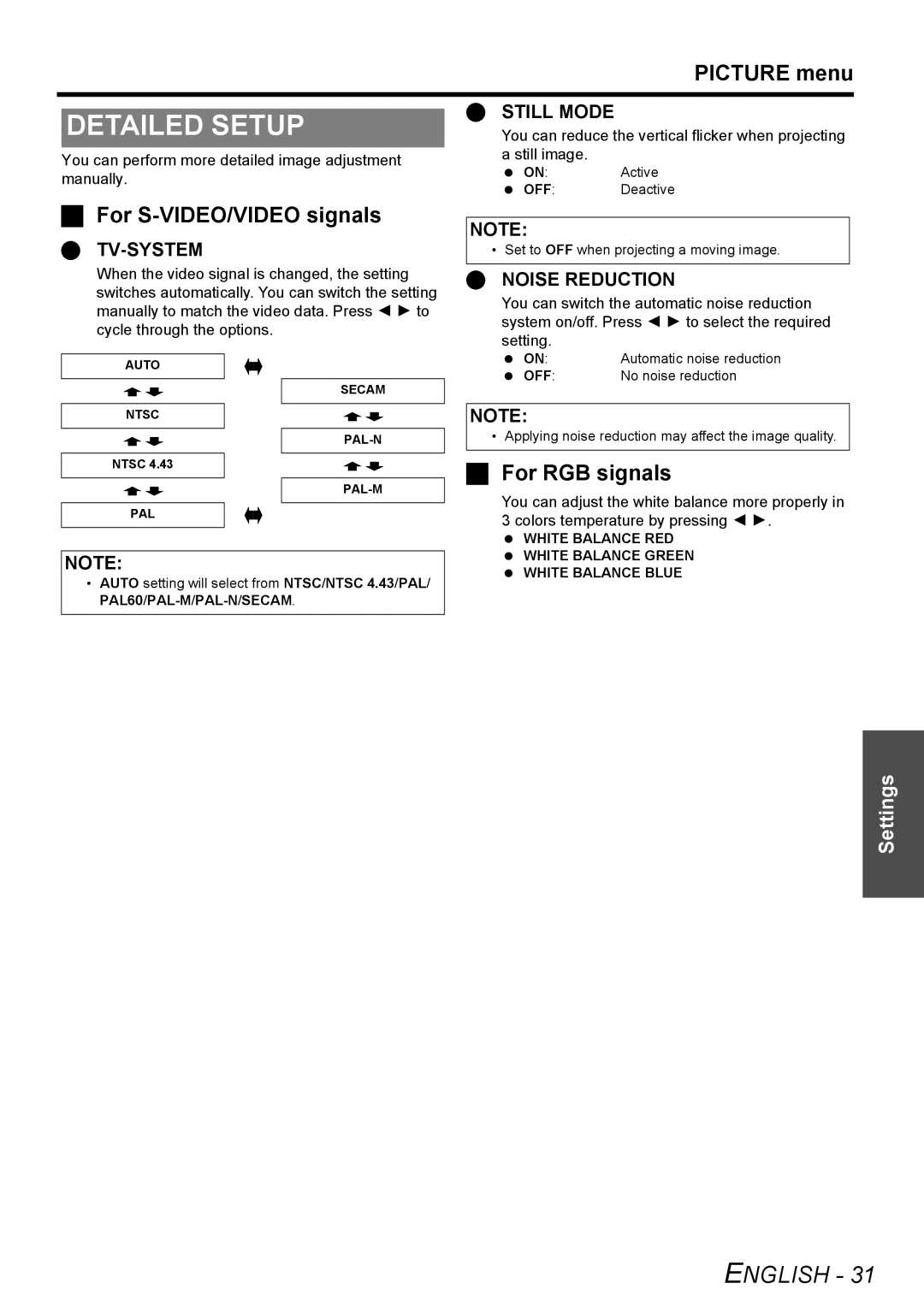 Panasonic PT-LB75U manual Detailed Setup, For S-VIDEO/VIDEO signals, For RGB signals 