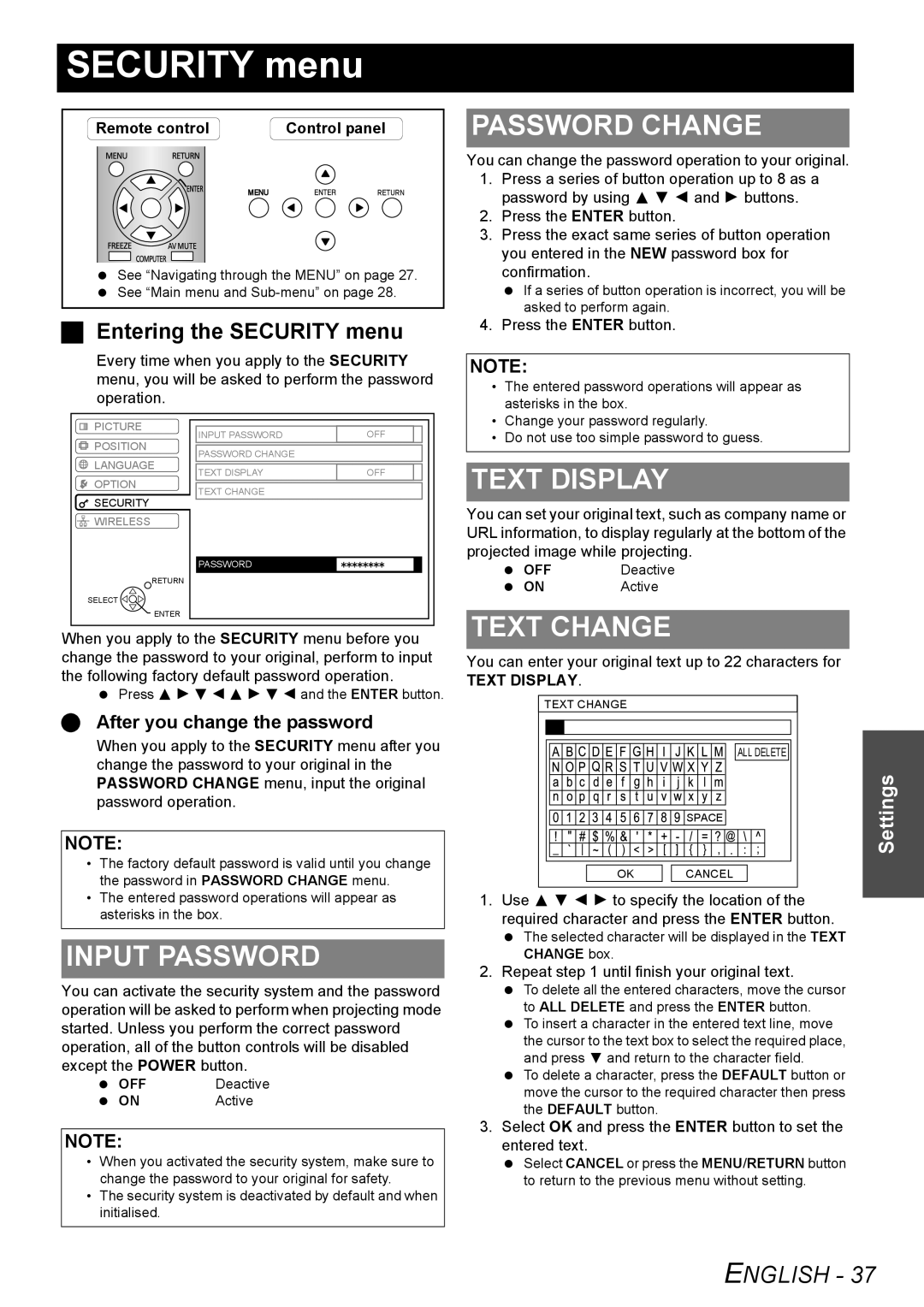 Panasonic PT-LB75U manual Security menu, Password Change, Input Password, Text Display, Text Change 