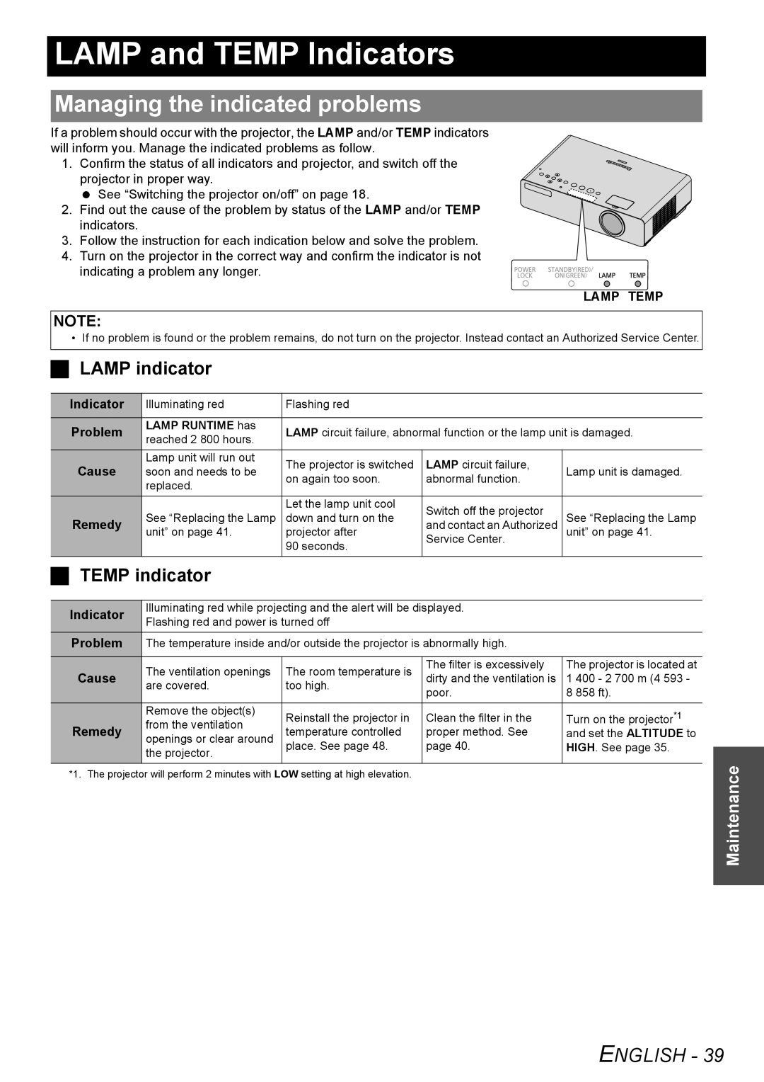 Panasonic PT-LB75U Lamp and Temp Indicators, Managing the indicated problems, Lamp indicator, Temp indicator, Lamp Temp 