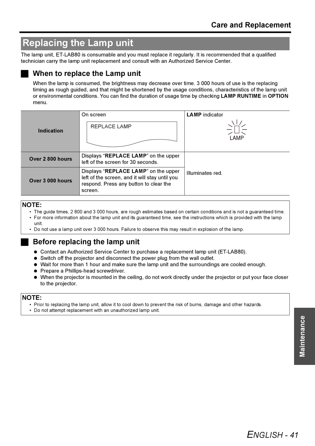 Panasonic PT-LB75U manual Replacing the Lamp unit, Care and Replacement, When to replace the Lamp unit 