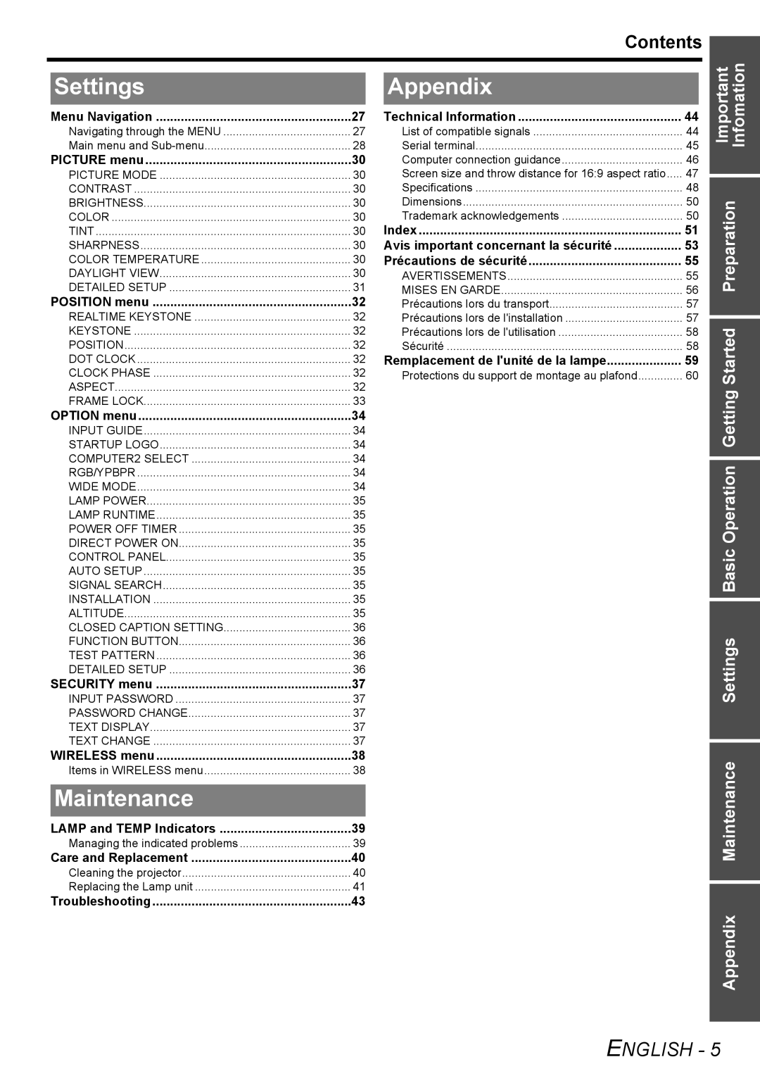 Panasonic PT-LB75U manual Settings, Appendix, Maintenance, Contents 