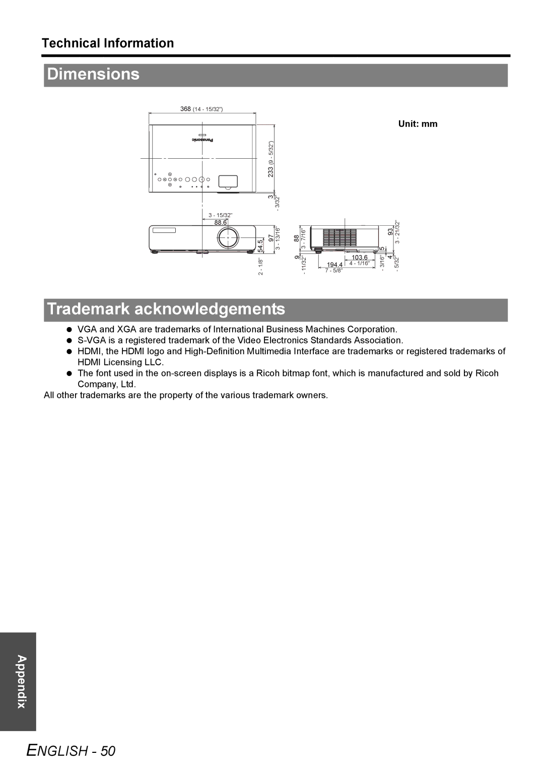 Panasonic PT-LB75U manual Dimensions, Trademark acknowledgements, Unit mm 