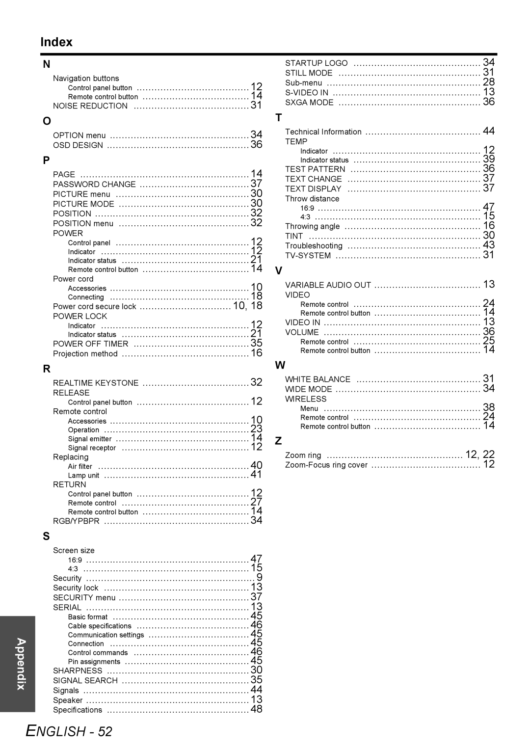 Panasonic PT-LB75U manual Index, Power 