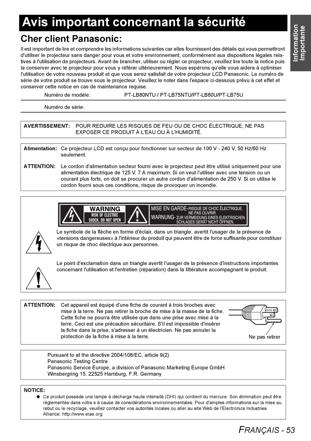 Panasonic PT-LB75U manual Avis important concernant la sécurité, Information Importante, Numéro de série 