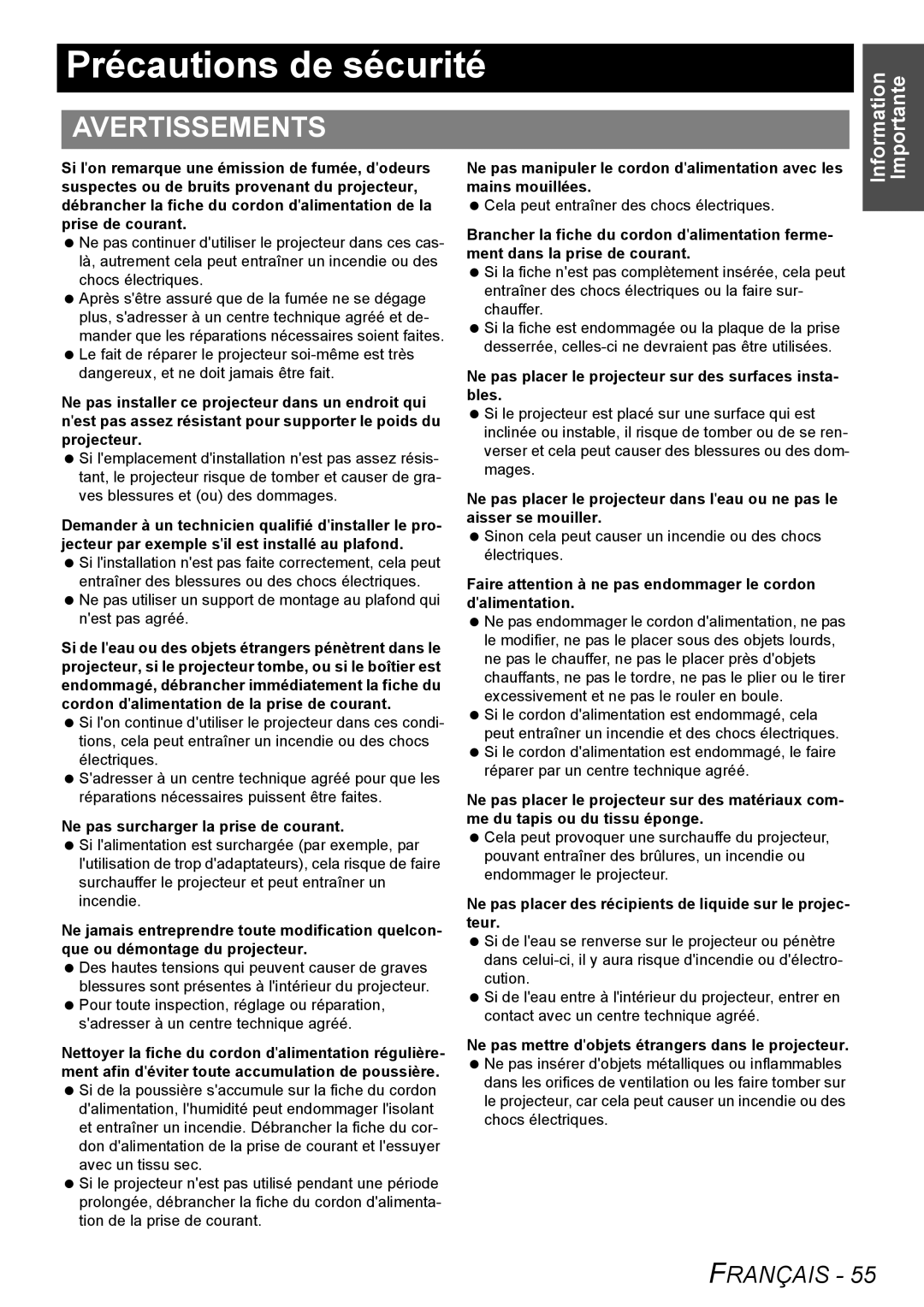 Panasonic PT-LB75U manual Précautions de sécurité, Avertissements 