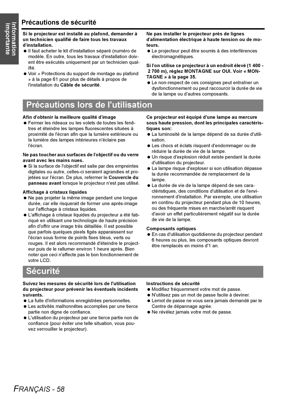 Panasonic PT-LB75U manual Précautions lors de lutilisation, Sécurité, Affichage à cristaux liquides, Composants optiques 