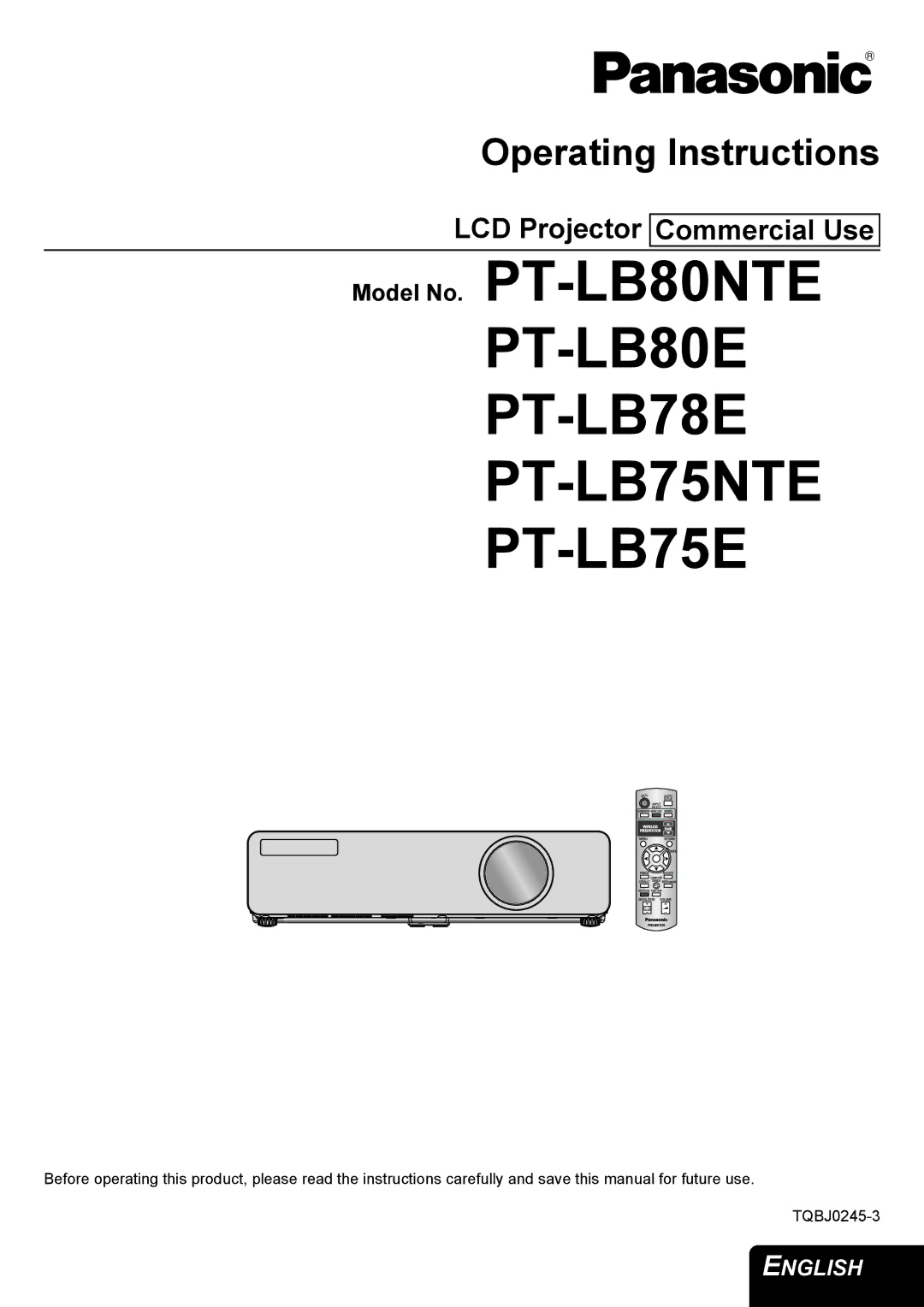 Panasonic manual PT-LB80E PT-LB78E PT-LB75NTE PT-LB75E 