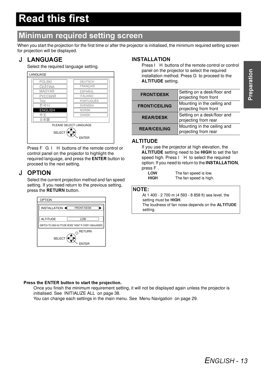 Panasonic PT-LB78E manual Read this first, Minimum required setting screen 