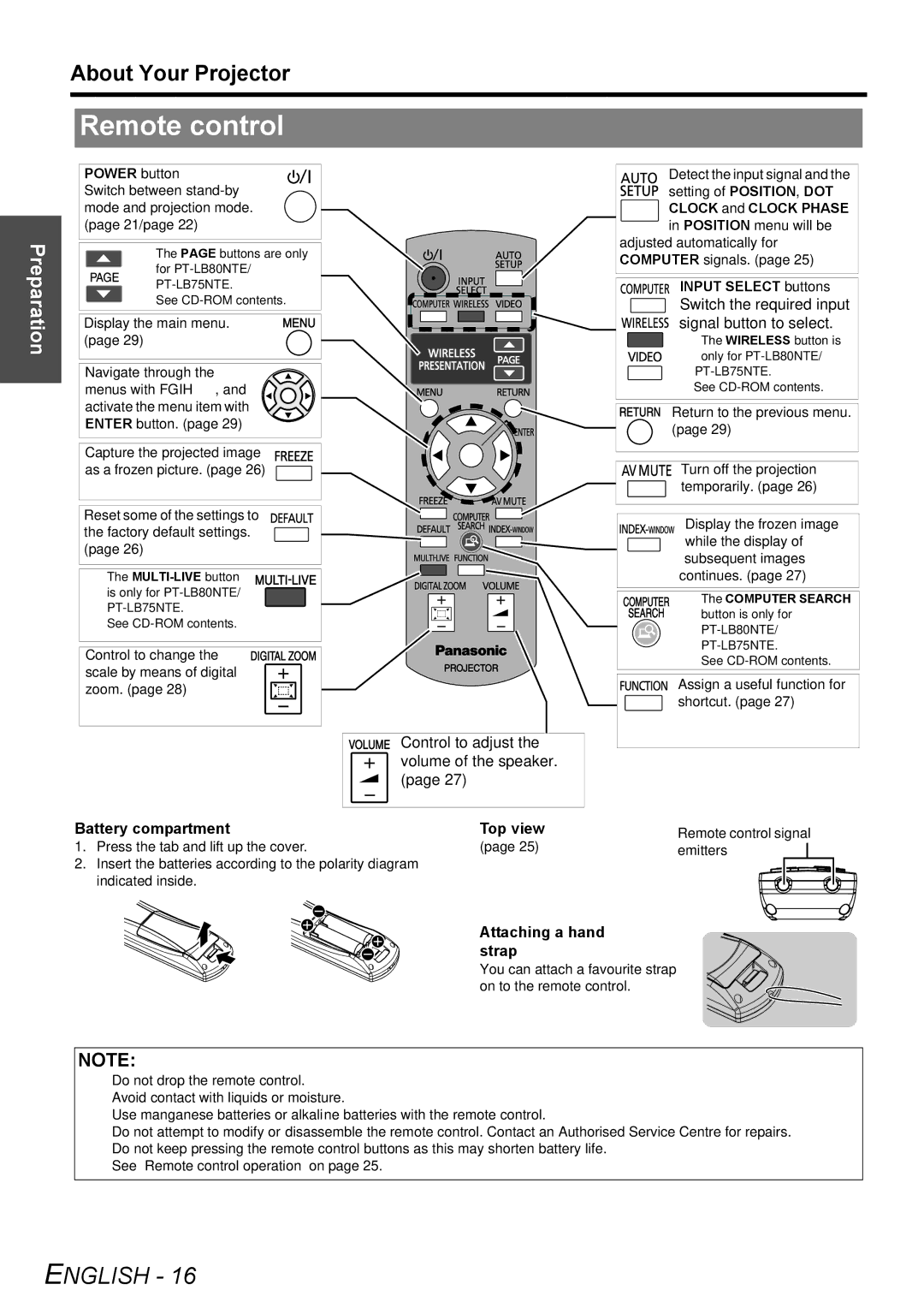 Panasonic PT-LB78E manual Remote control, About Your Projector, Battery compartment Top view, Attaching a hand strap 