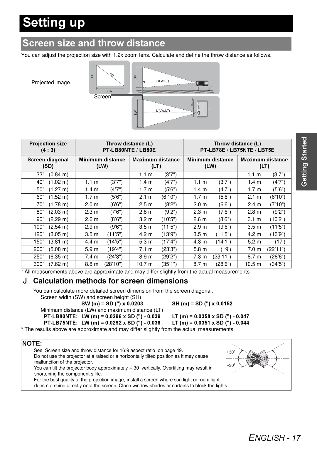 Panasonic PT-LB78E manual Setting up, Screen size and throw distance, Calculation methods for screen dimensions 