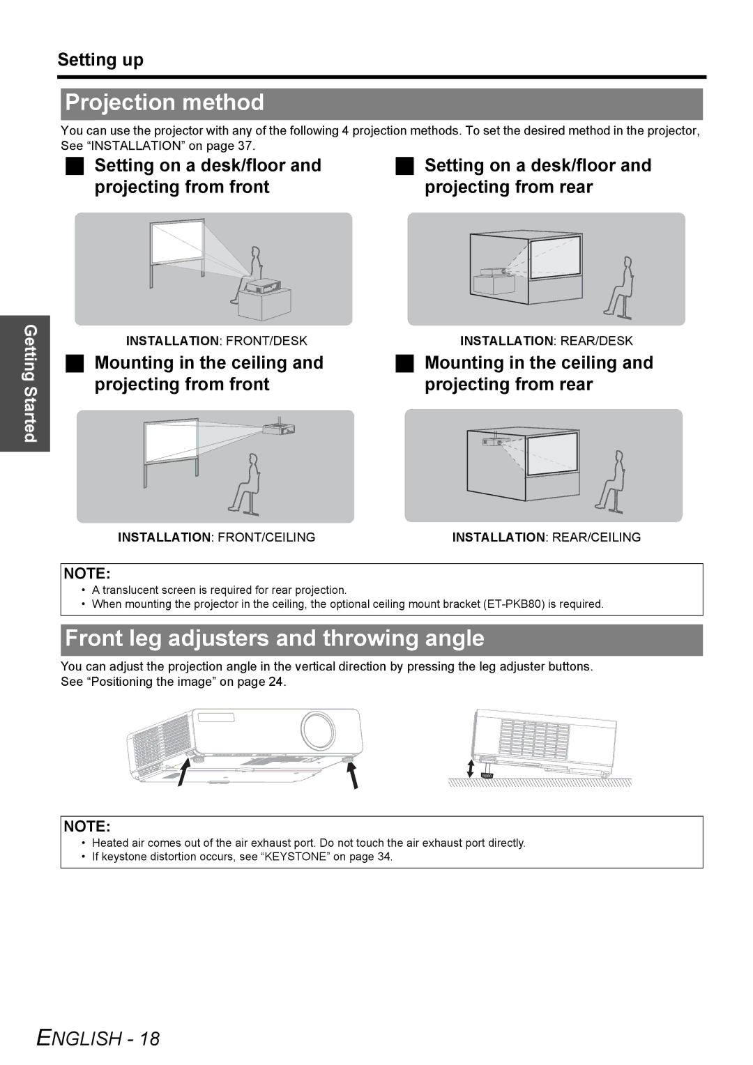 Panasonic PT-LB78E manual Projection method, Front leg adjusters and throwing angle, Setting up 