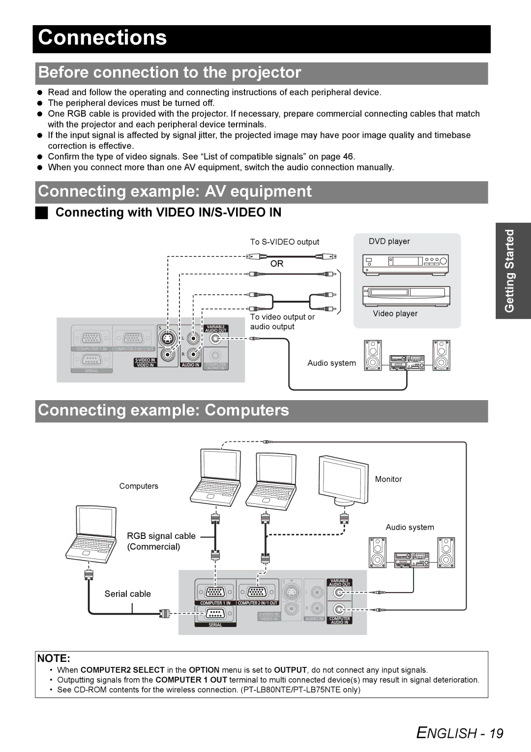 Panasonic PT-LB78E manual Connections, Before connection to the projector, Connecting example AV equipment 