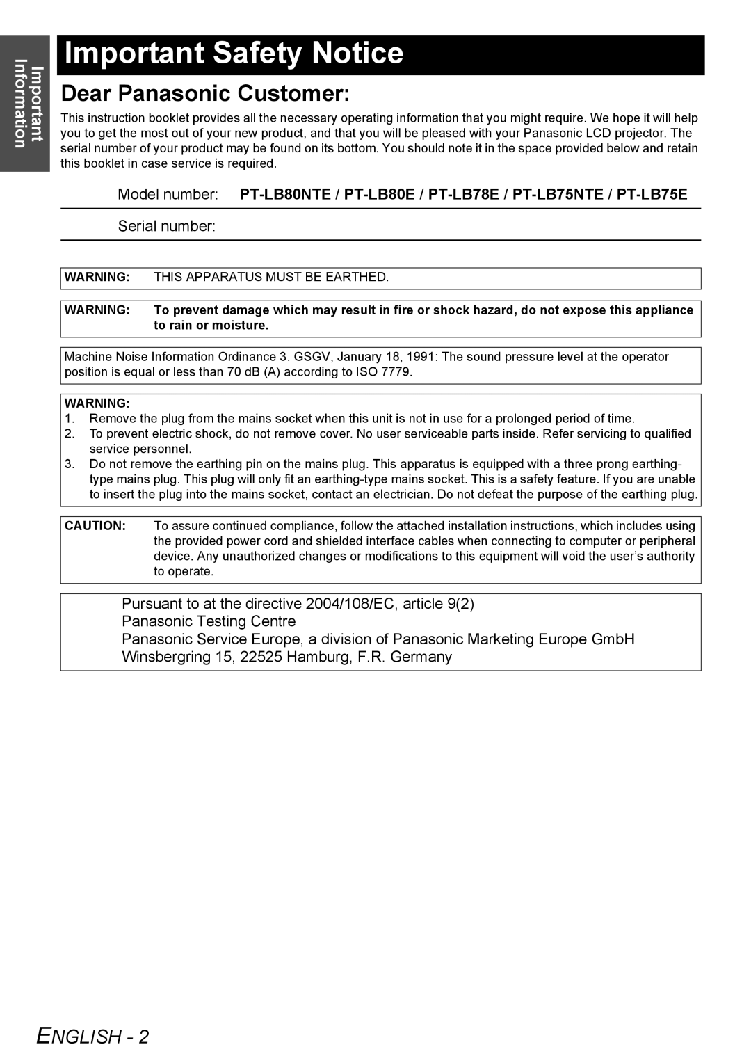 Panasonic PT-LB78E manual Important Safety Notice, This Apparatus Must be Earthed, To rain or moisture 