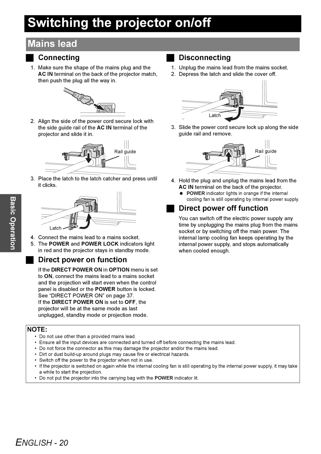 Panasonic PT-LB78E manual Switching the projector on/off, Mains lead, Connecting, Direct power off function 