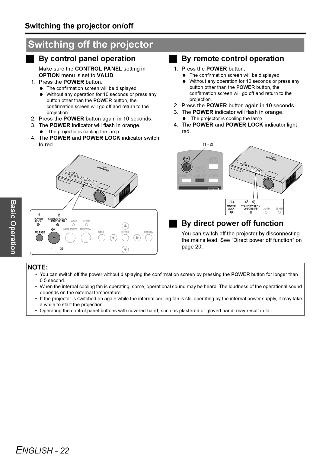 Panasonic PT-LB78E manual Switching off the projector, By control panel operation, By remote control operation 