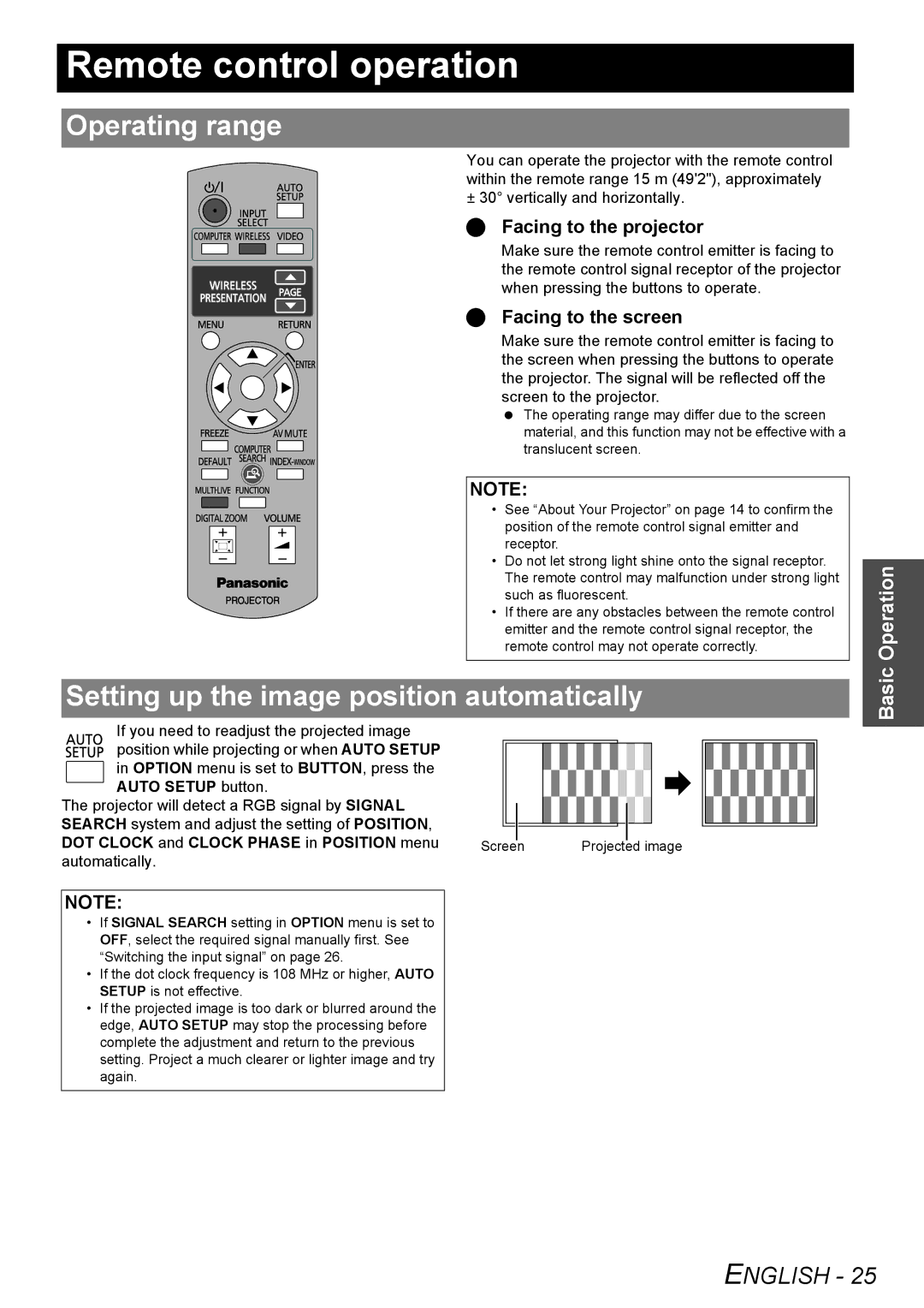 Panasonic PT-LB78E manual Remote control operation, Operating range, Setting up the image position automatically 