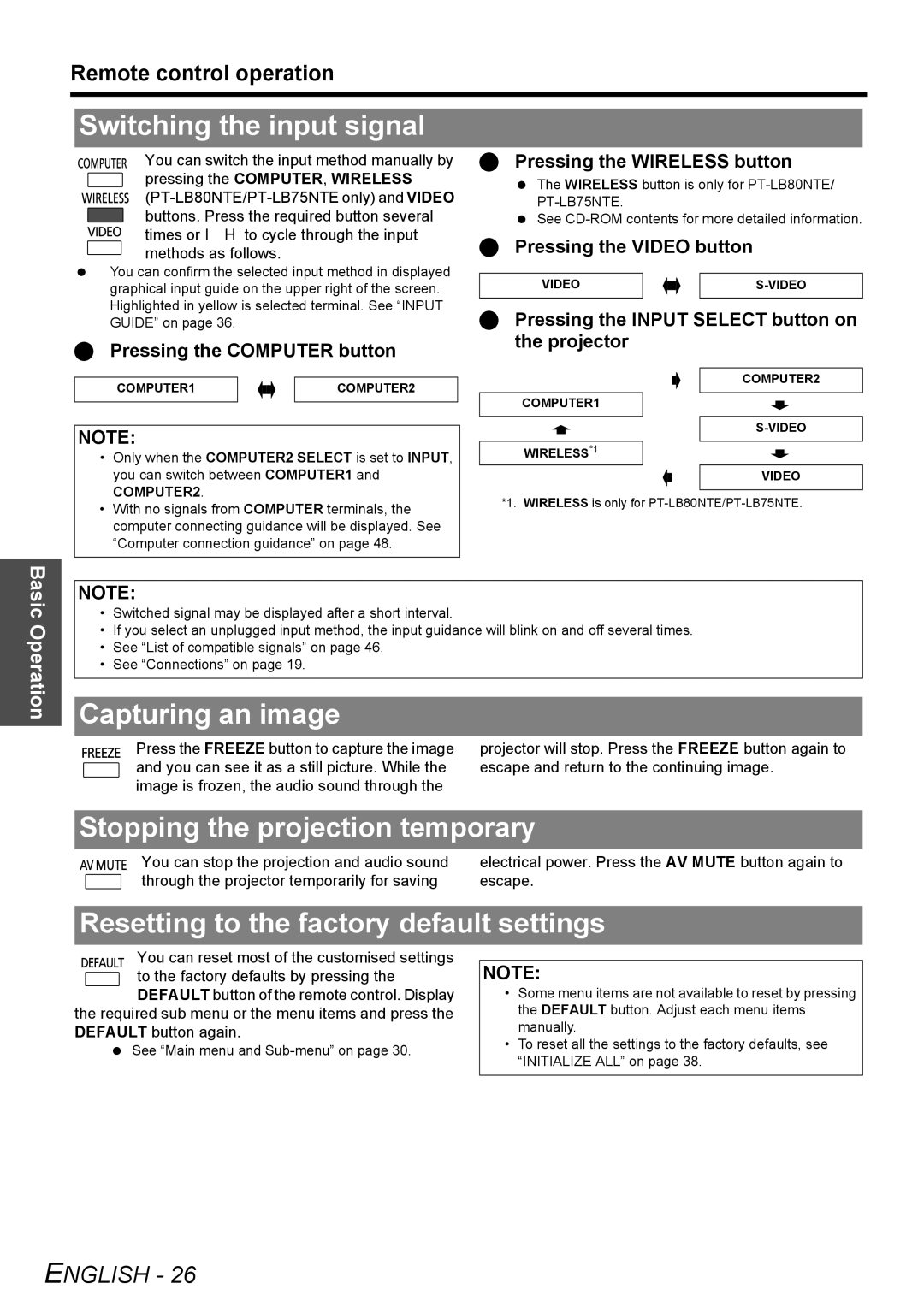 Panasonic PT-LB78E manual Switching the input signal, Capturing an image, Stopping the projection temporary 