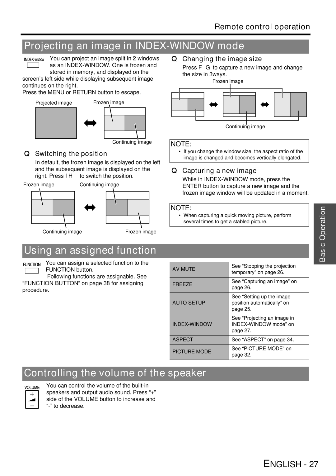 Panasonic PT-LB78E manual Projecting an image in INDEX-WINDOW mode, Using an assigned function 