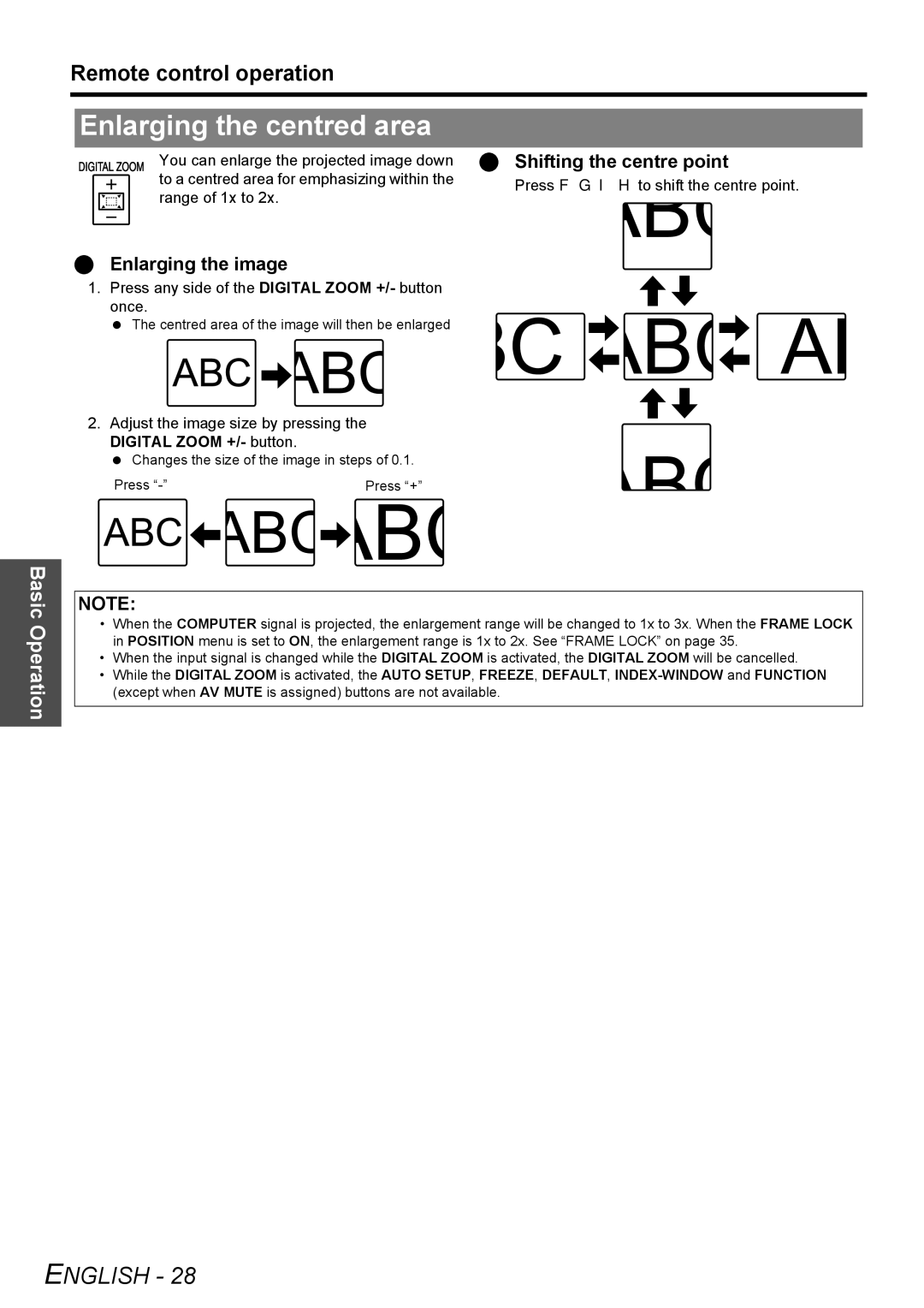 Panasonic PT-LB78E manual Enlarging the centred area, Enlarging the image, Shifting the centre point 