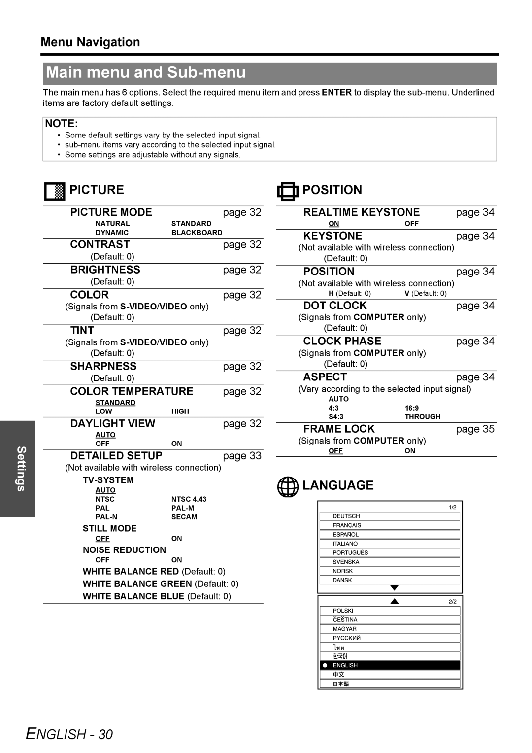 Panasonic PT-LB78E manual Main menu and Sub-menu, Menu Navigation, Tv-System, Still Mode, Noise Reduction 