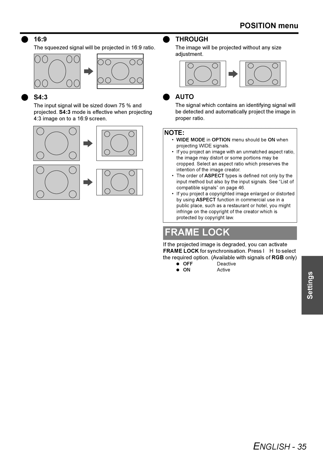 Panasonic PT-LB78E manual Frame Lock, Position menu, 169, S43 