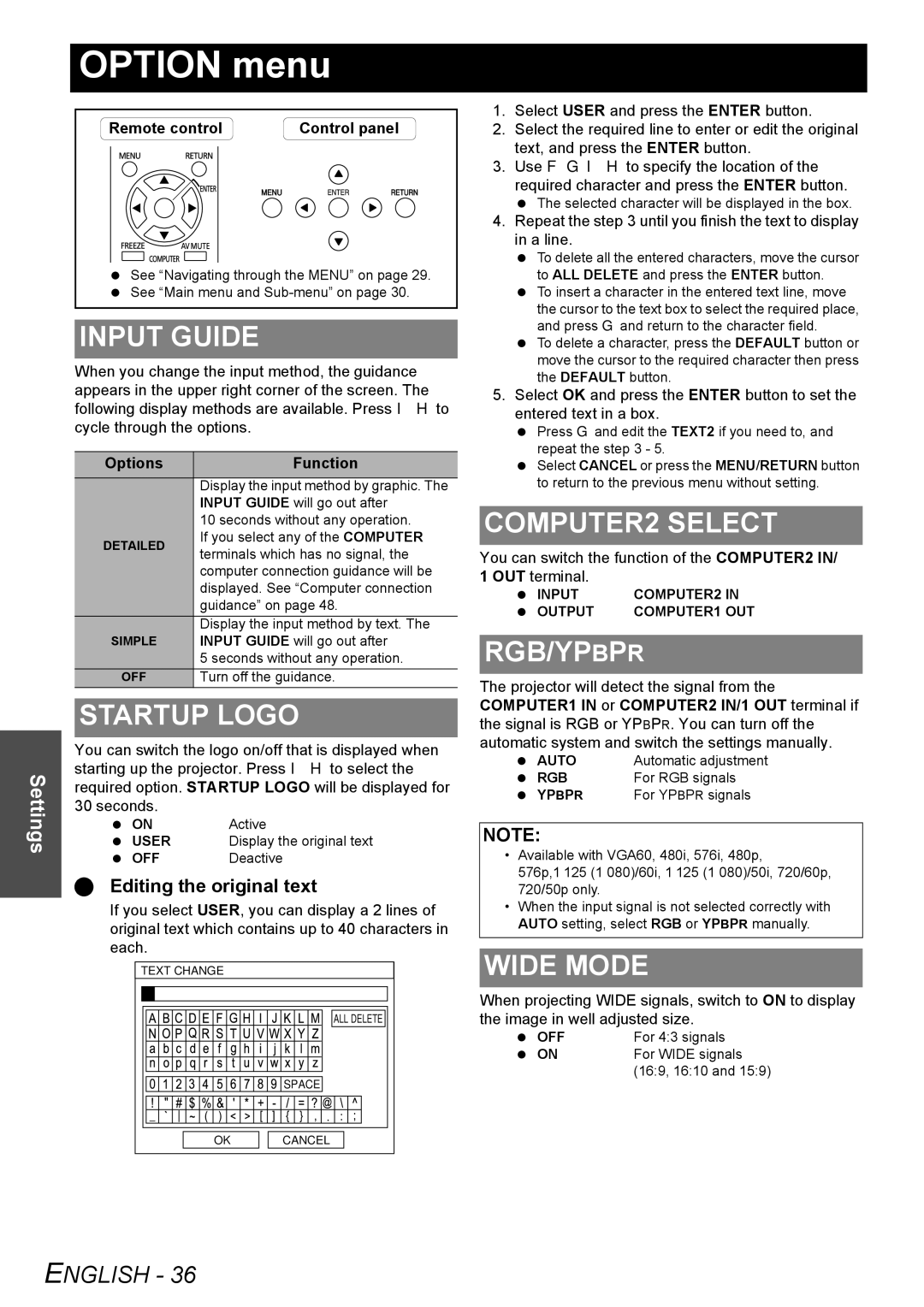 Panasonic PT-LB78E manual Option menu 