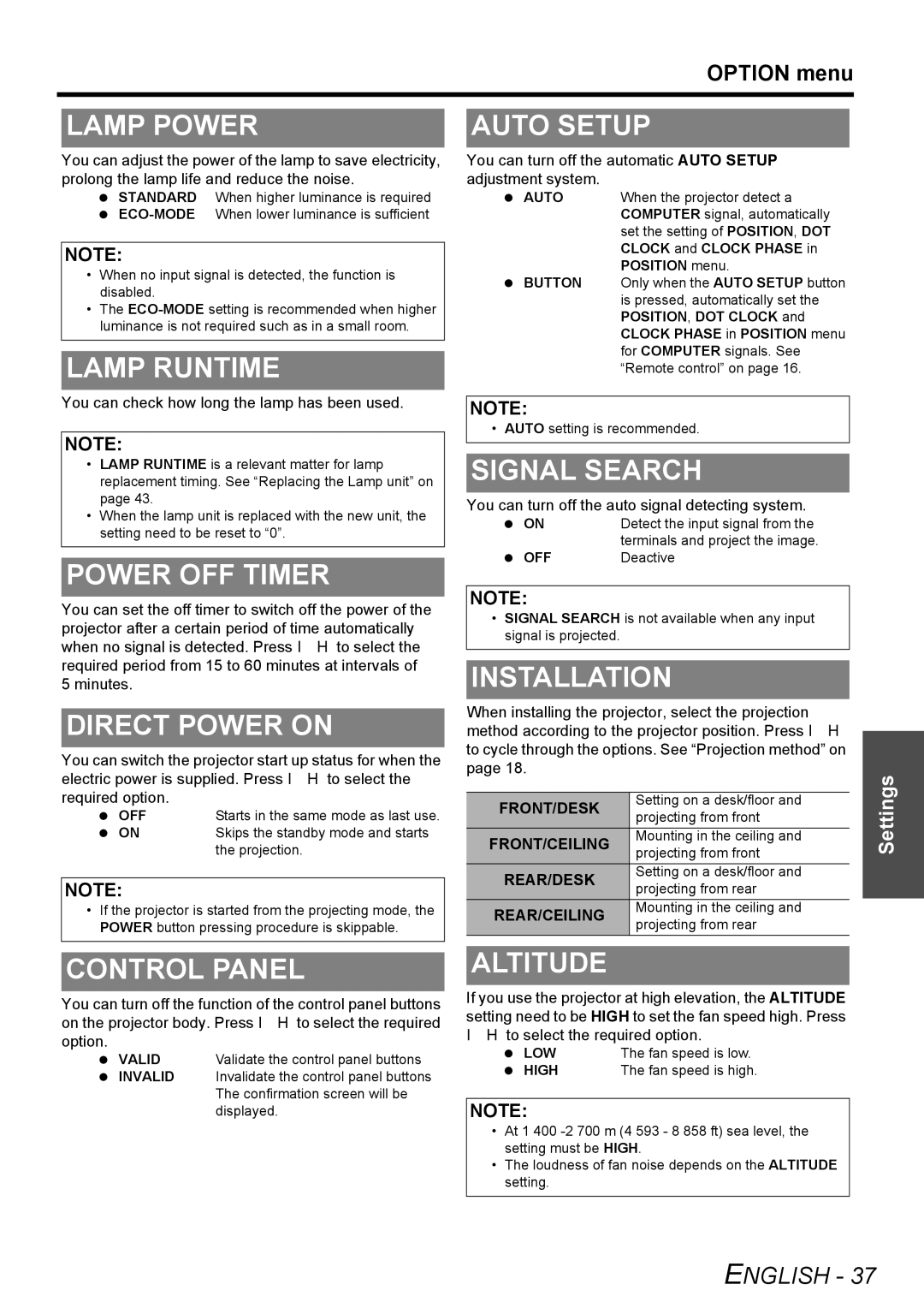 Panasonic PT-LB78E Lamp Power, Lamp Runtime, Power OFF Timer, Direct Power on, Auto Setup, Signal Search, Installation 