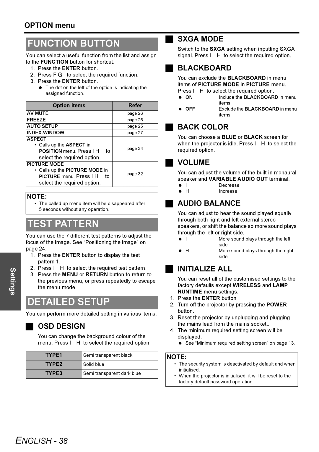 Panasonic PT-LB78E manual Function Button, Test Pattern, TYPE1, TYPE2, TYPE3 