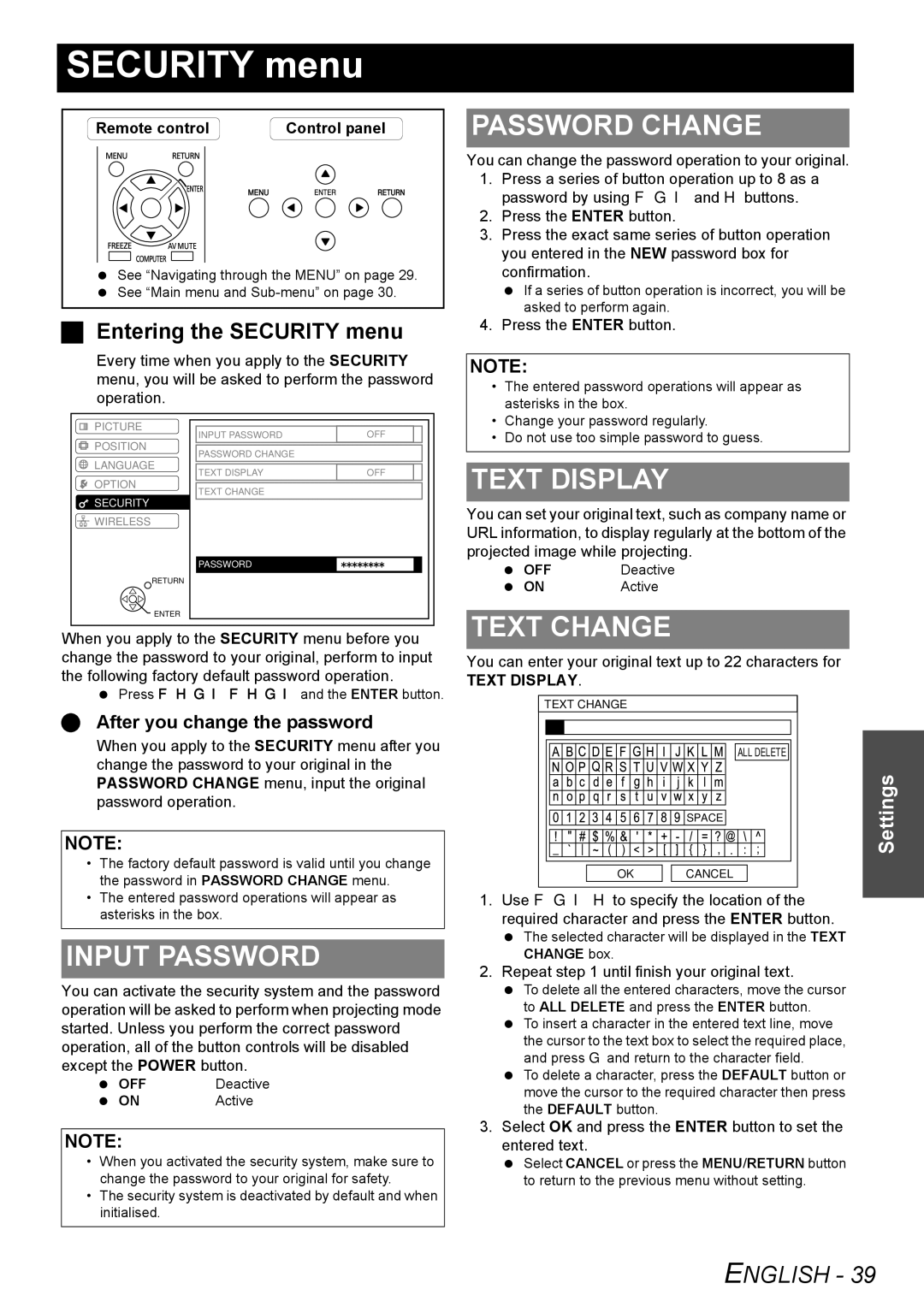 Panasonic PT-LB78E manual Security menu, Password Change, Input Password, Text Display, Text Change 