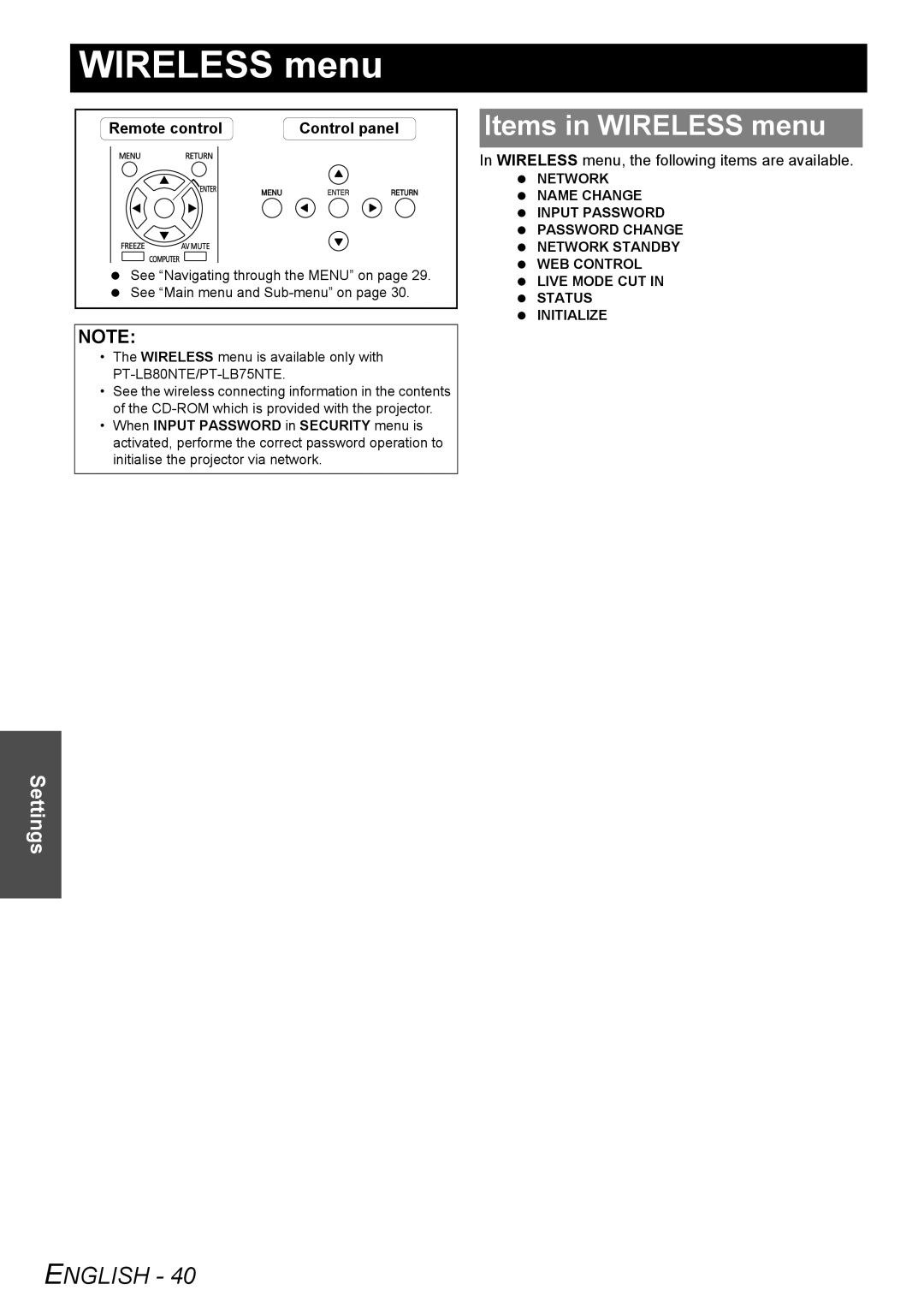 Panasonic PT-LB78E manual Items in Wireless menu, Wireless menu, the following items are available 