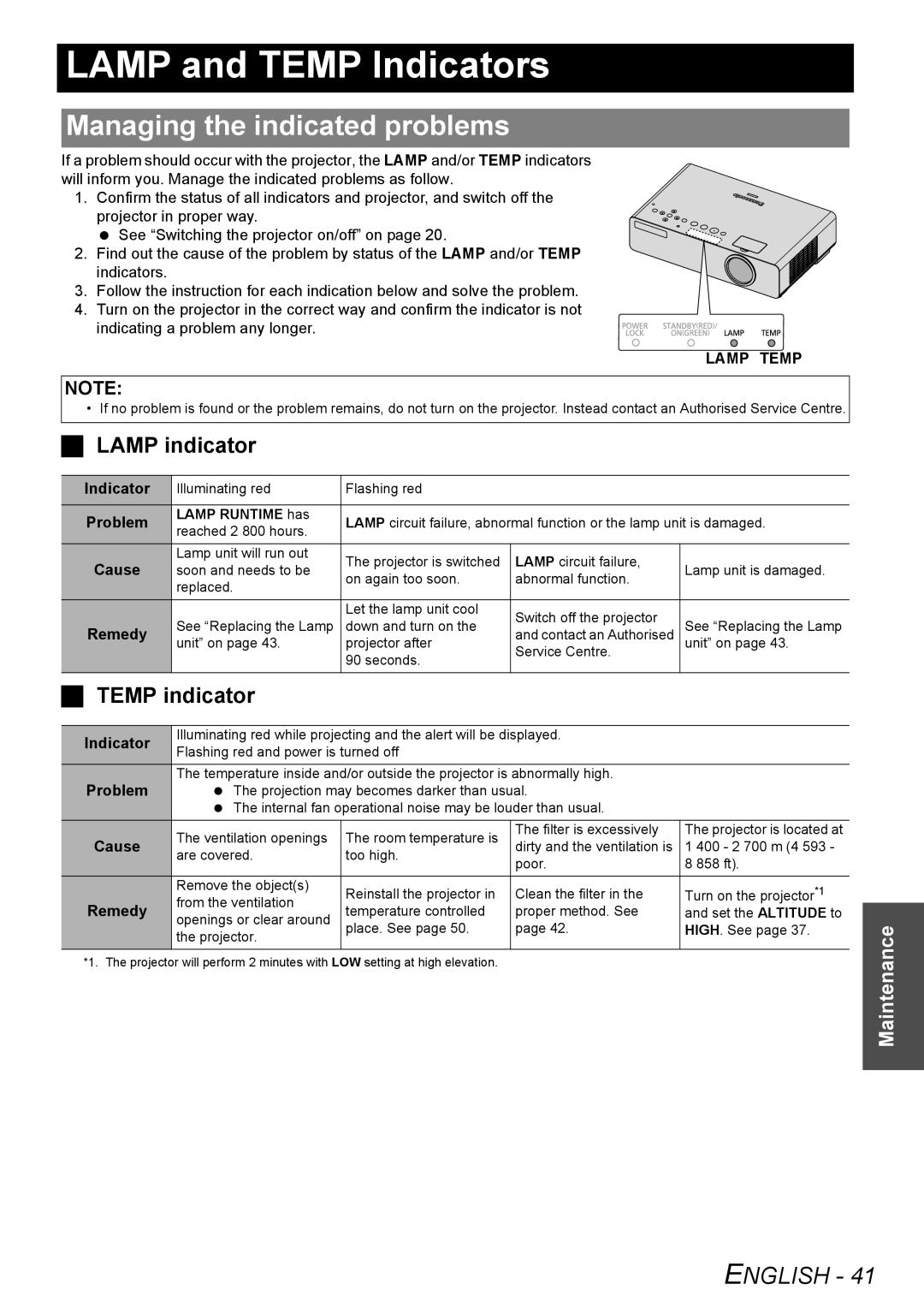 Panasonic PT-LB78E Lamp and Temp Indicators, Managing the indicated problems, Lamp indicator, Temp indicator, Lamp Temp 