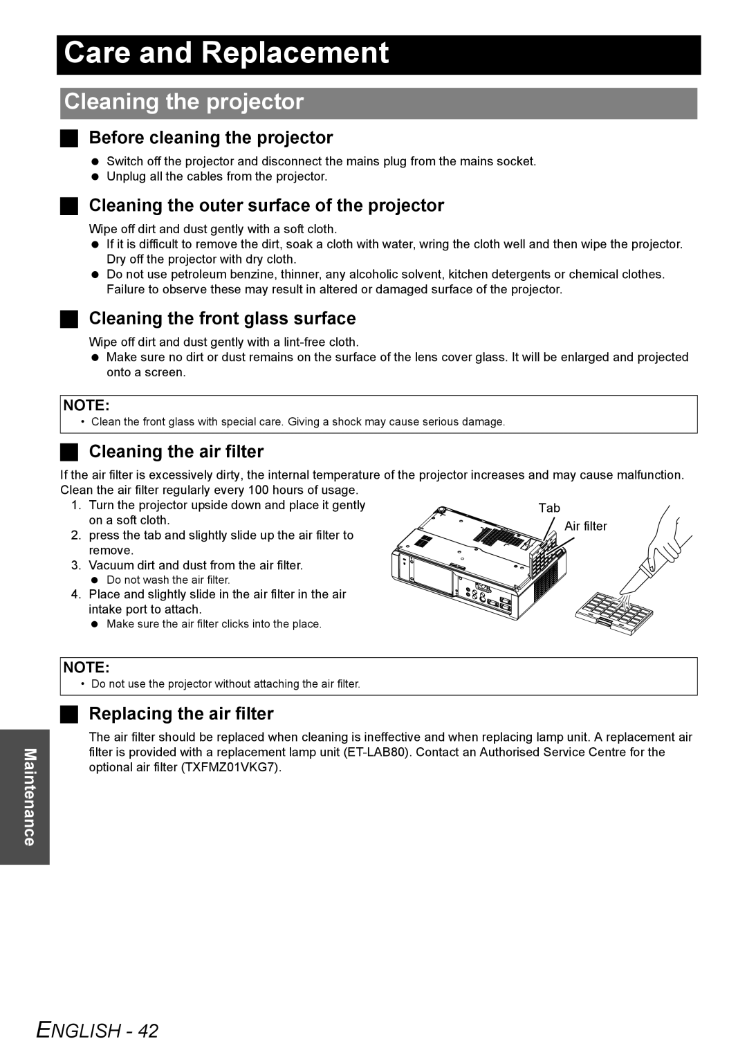 Panasonic PT-LB78E manual Care and Replacement, Cleaning the projector 