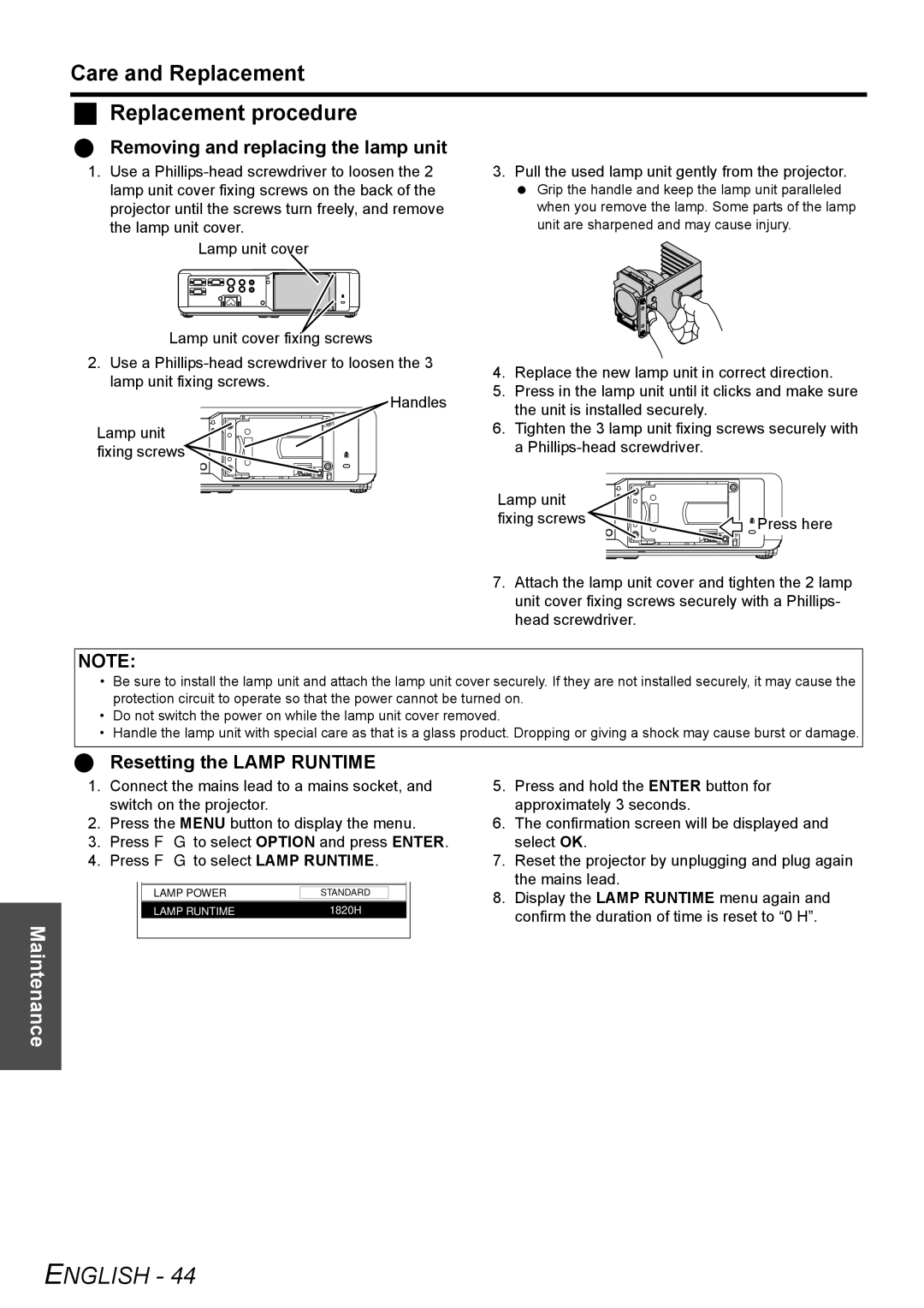 Panasonic PT-LB78E manual Care and Replacement Replacement procedure, Removing and replacing the lamp unit 