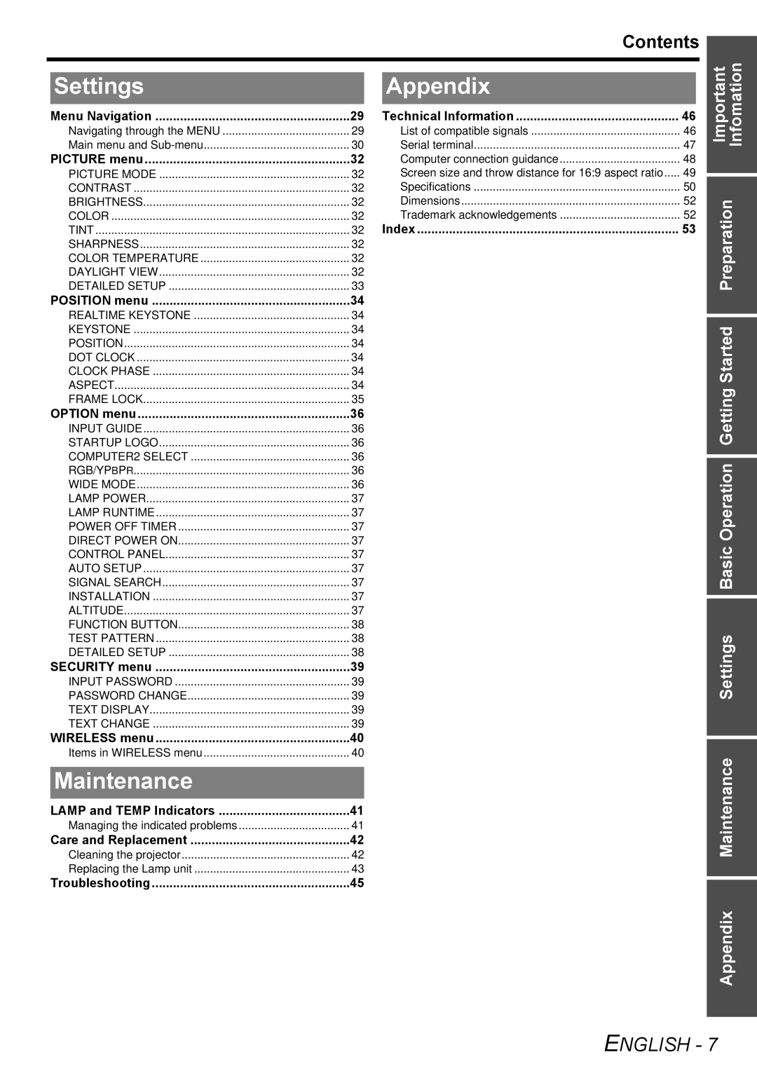 Panasonic PT-LB78E manual Settings, Appendix, Maintenance, Contents 