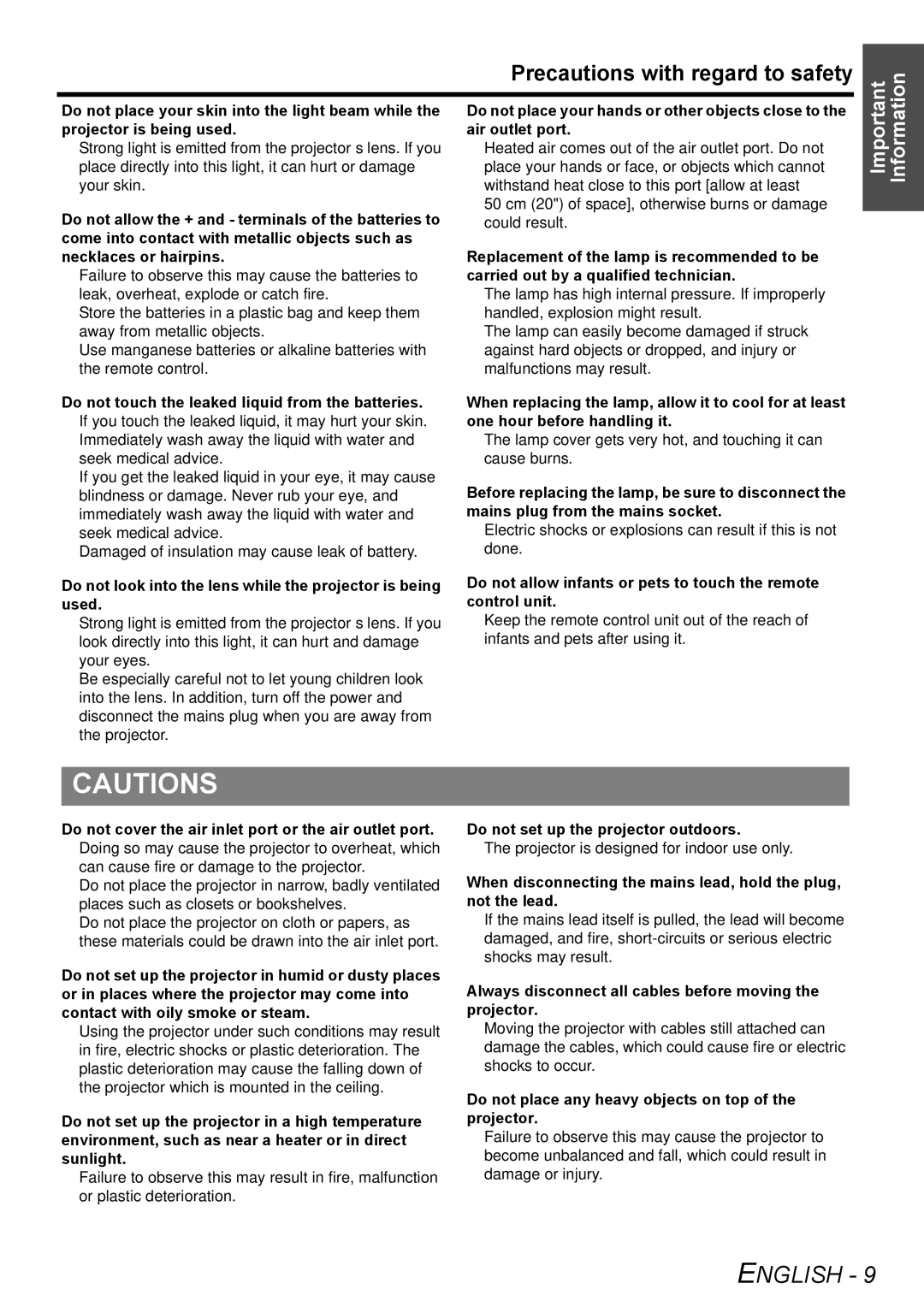 Panasonic PT-LB78E manual Precautions with regard to safety, Do not look into the lens while the projector is being used 