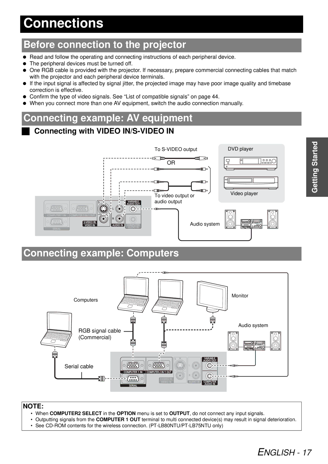 Panasonic PT-LB78U manual Connections, Before connection to the projector, Connecting example AV equipment 