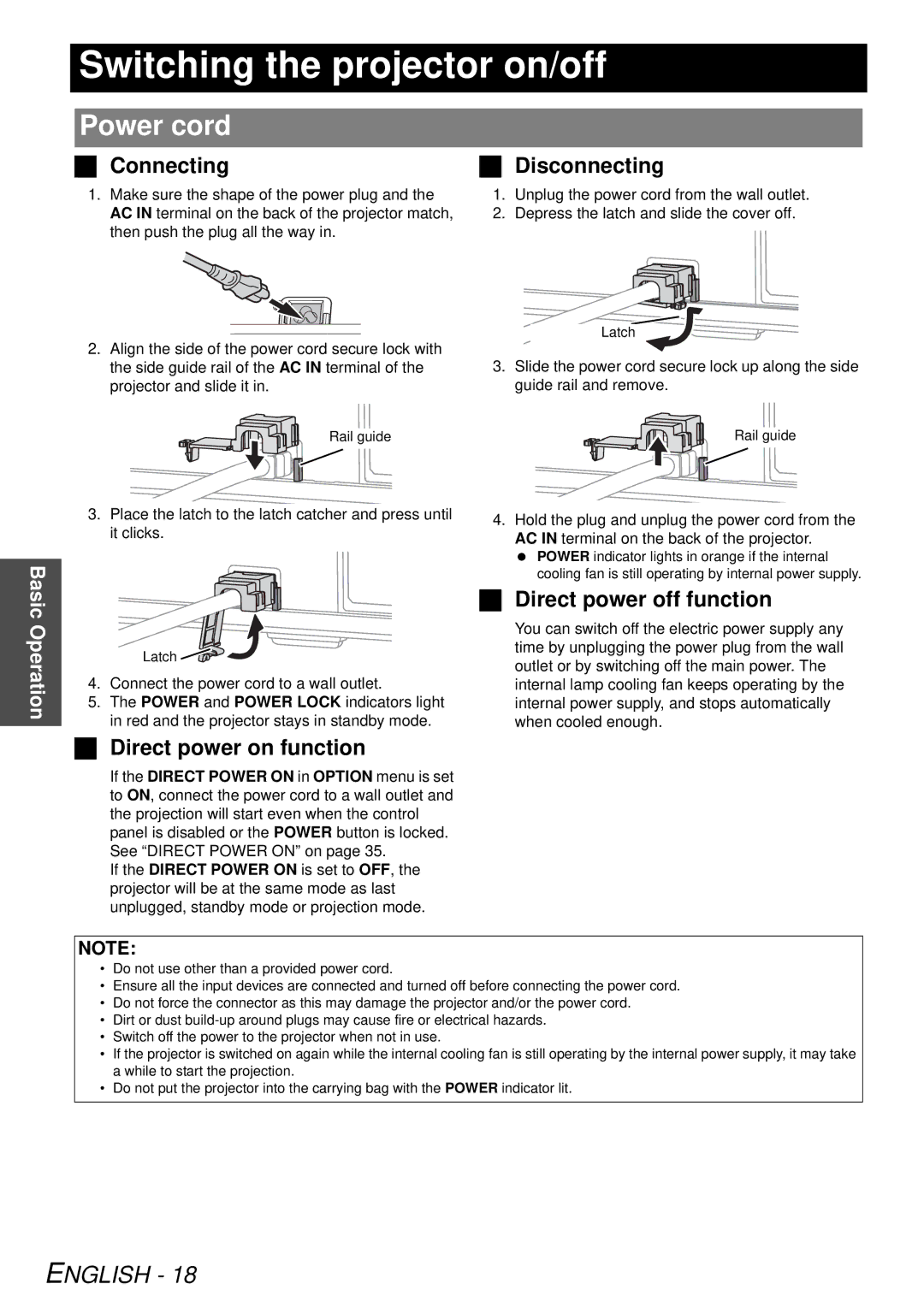 Panasonic PT-LB78U manual Switching the projector on/off, Power cord, Connecting, Direct power off function 